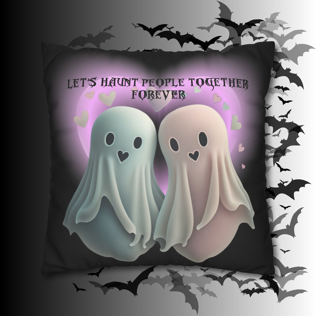 Let's Haunt People Together Forever Ghost Throw Pillow — Gothic Love Halloween Decor