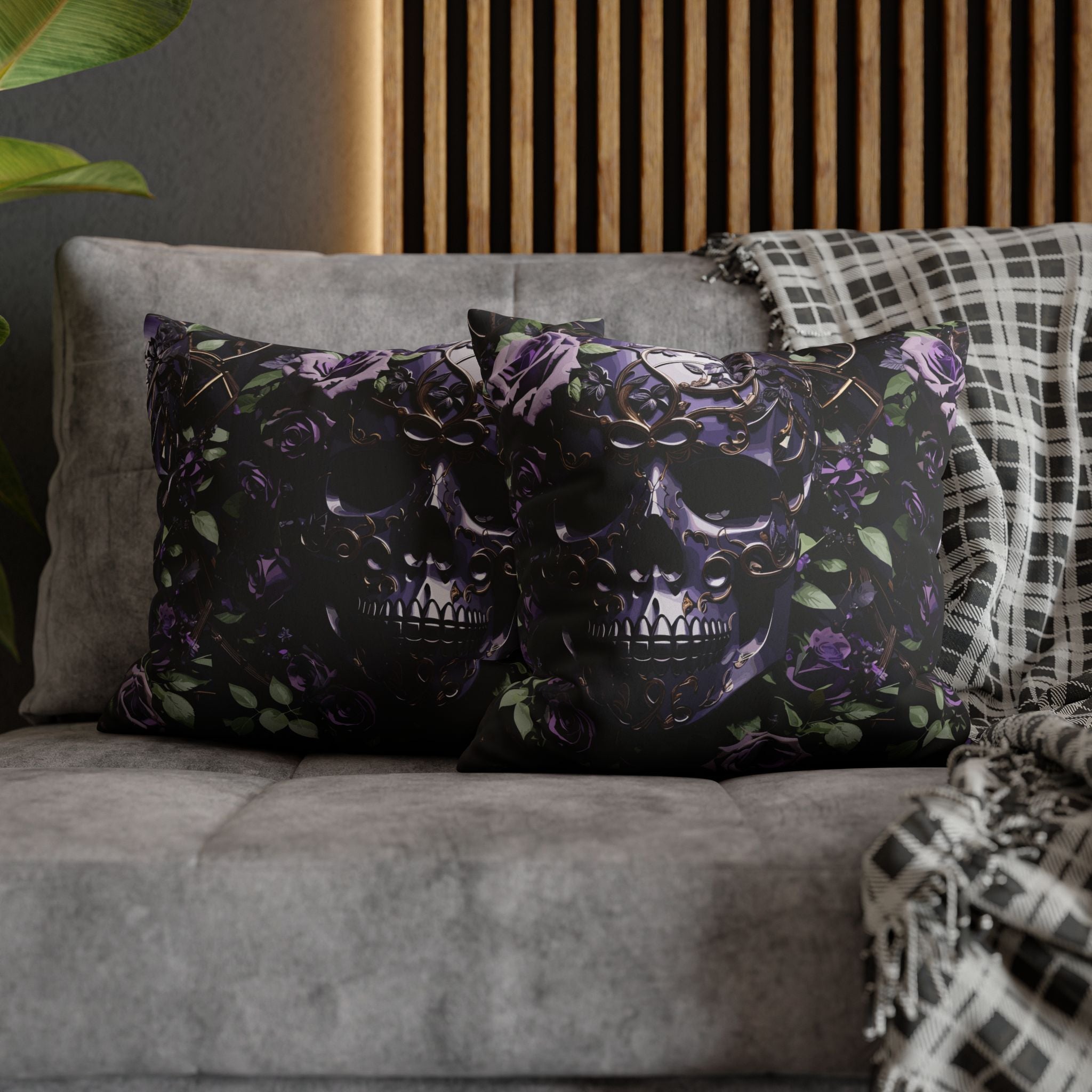 Gothic Black Purple Skull Throw Pillow — Dark Floral Botanical Home Decor