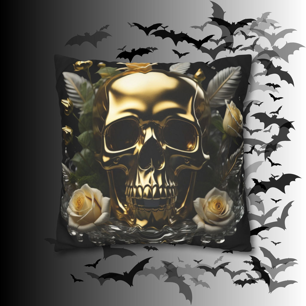 Gold Skull Botanical Throw Pillow — Dark Floral Gothic Home Decor