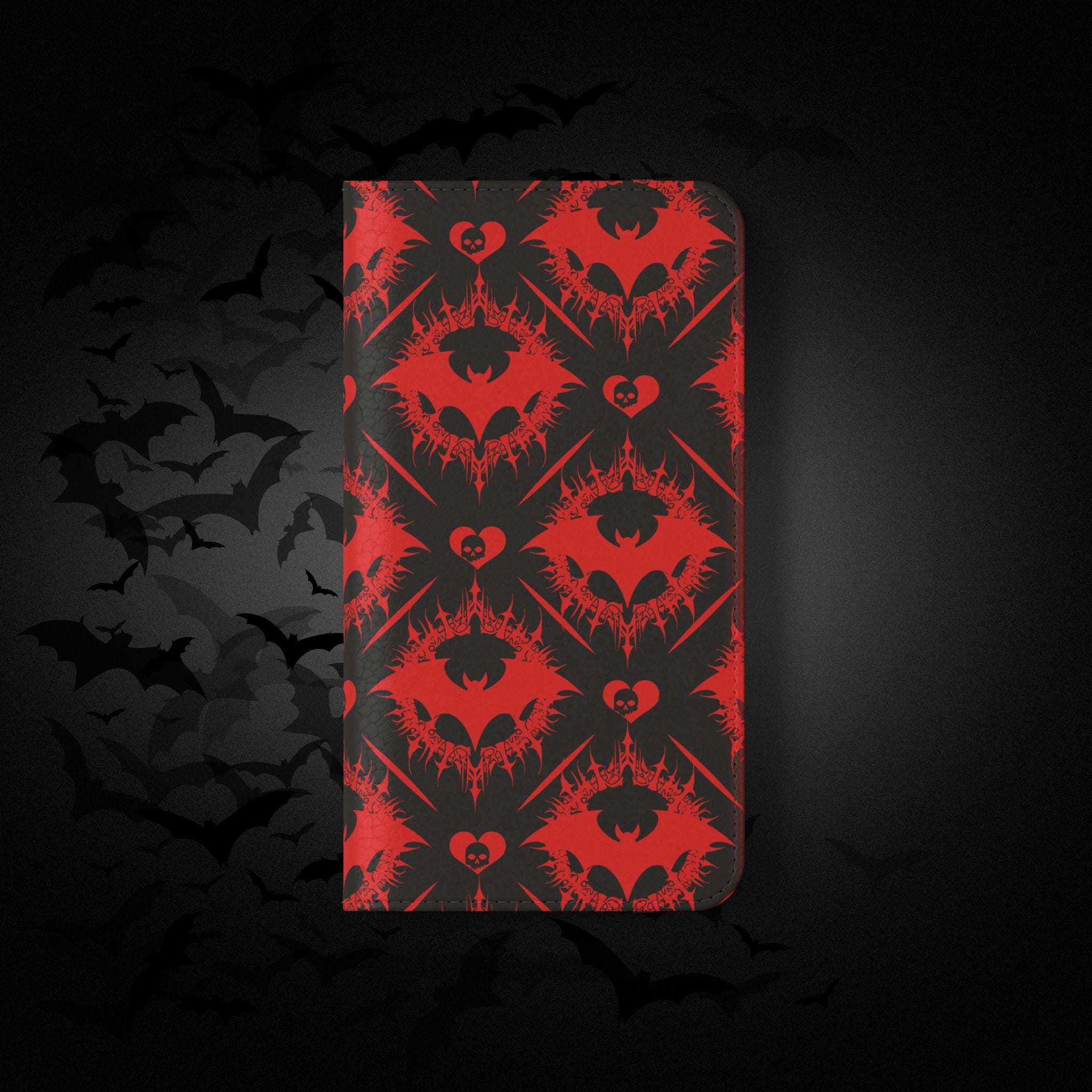 Gothic Bat Wallet Flip Case - Elegant Goth Phone Wallet - Bat Pattern Flip Case - Gothic Phone Case - Stylish Wallet Phone Case