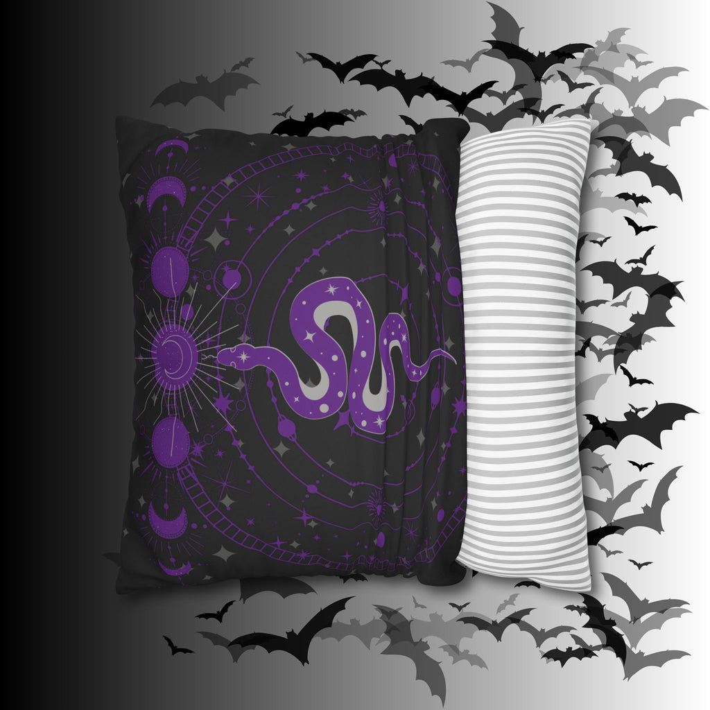 Purple Celestial Snake Moon Phases Throw Pillow — Witchy Gothic Dark Home Decor