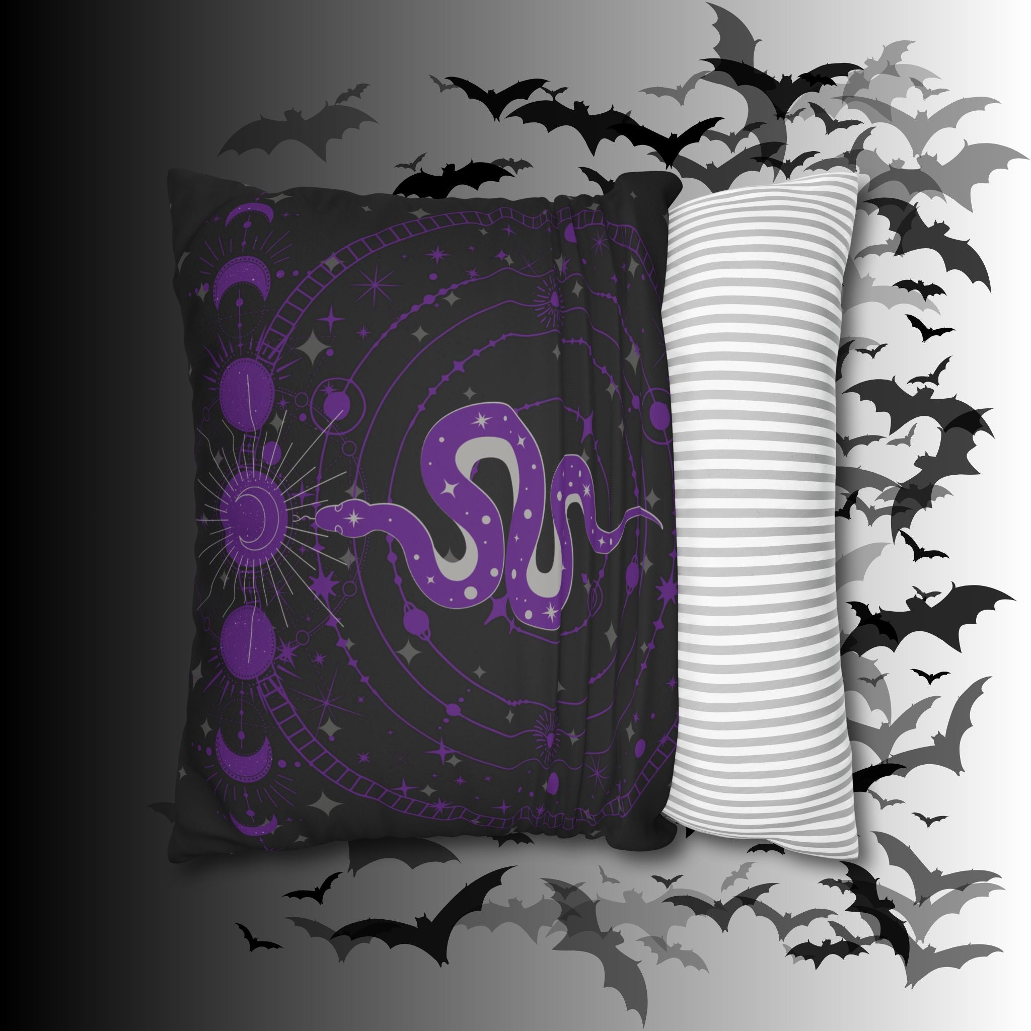 Purple Celestial Snake Moon Phases Throw Pillow — Witchy Gothic Dark Home Decor