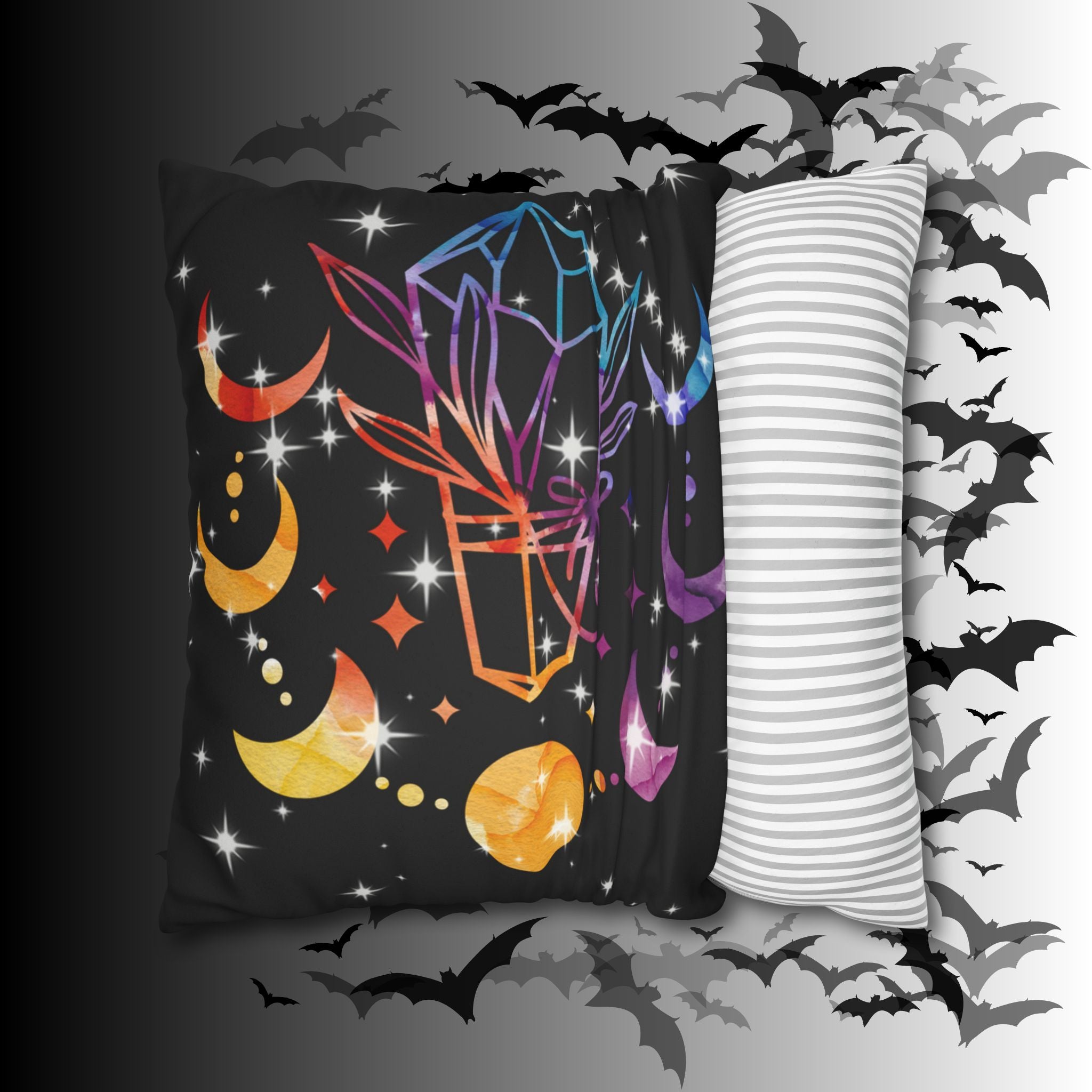 Rainbow Crystal Celestial Throw Pillow — Witchy Gothic Dark Home Decor