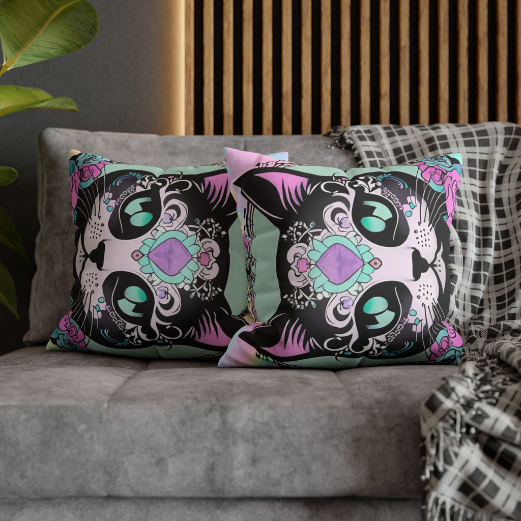 Pastel Goth Sugar Skull Cat Throw Pillow — Floral Gothic Home Decor
