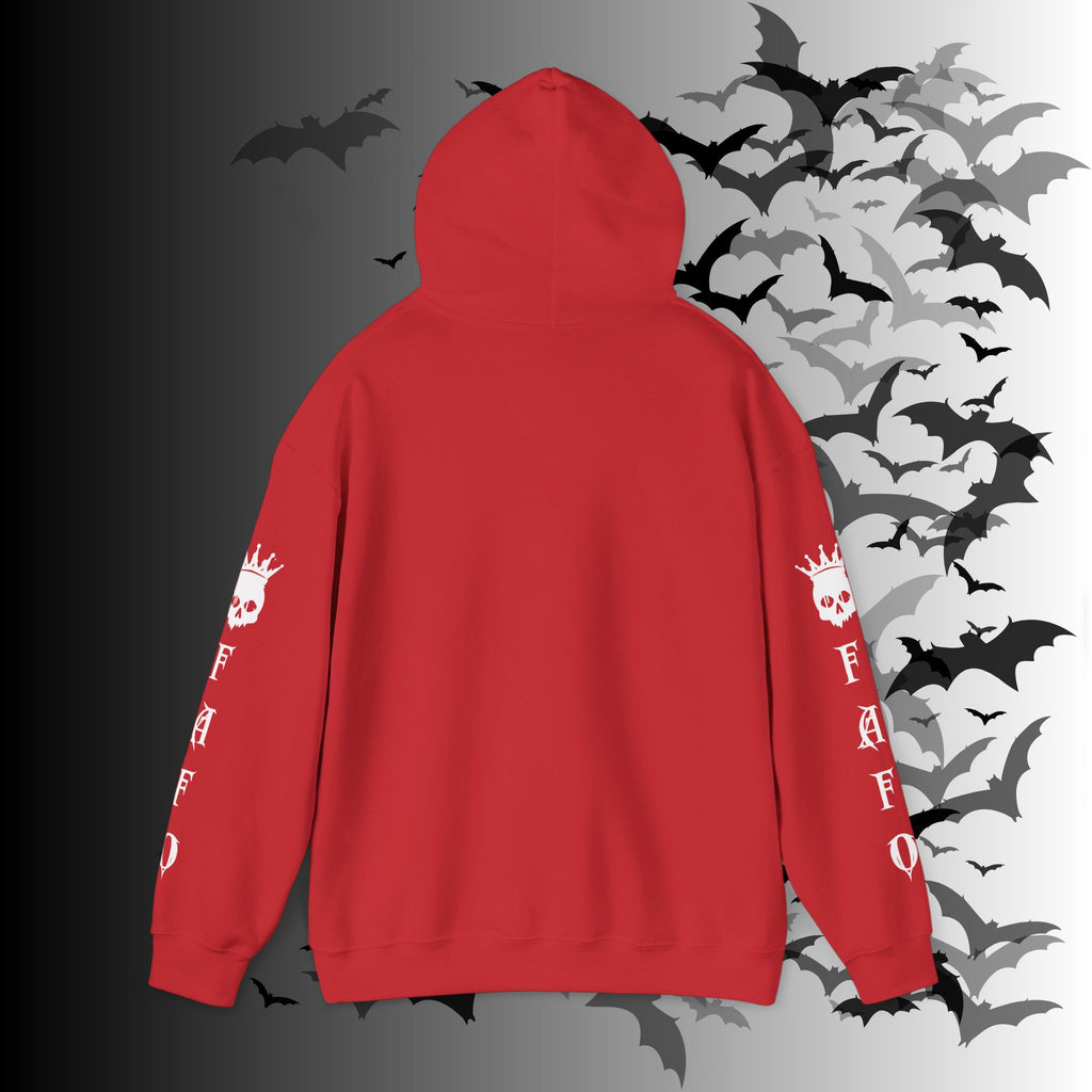 I Identify As a Threat Hoodie — Gothic Skull Sleeve Print FAFO Black