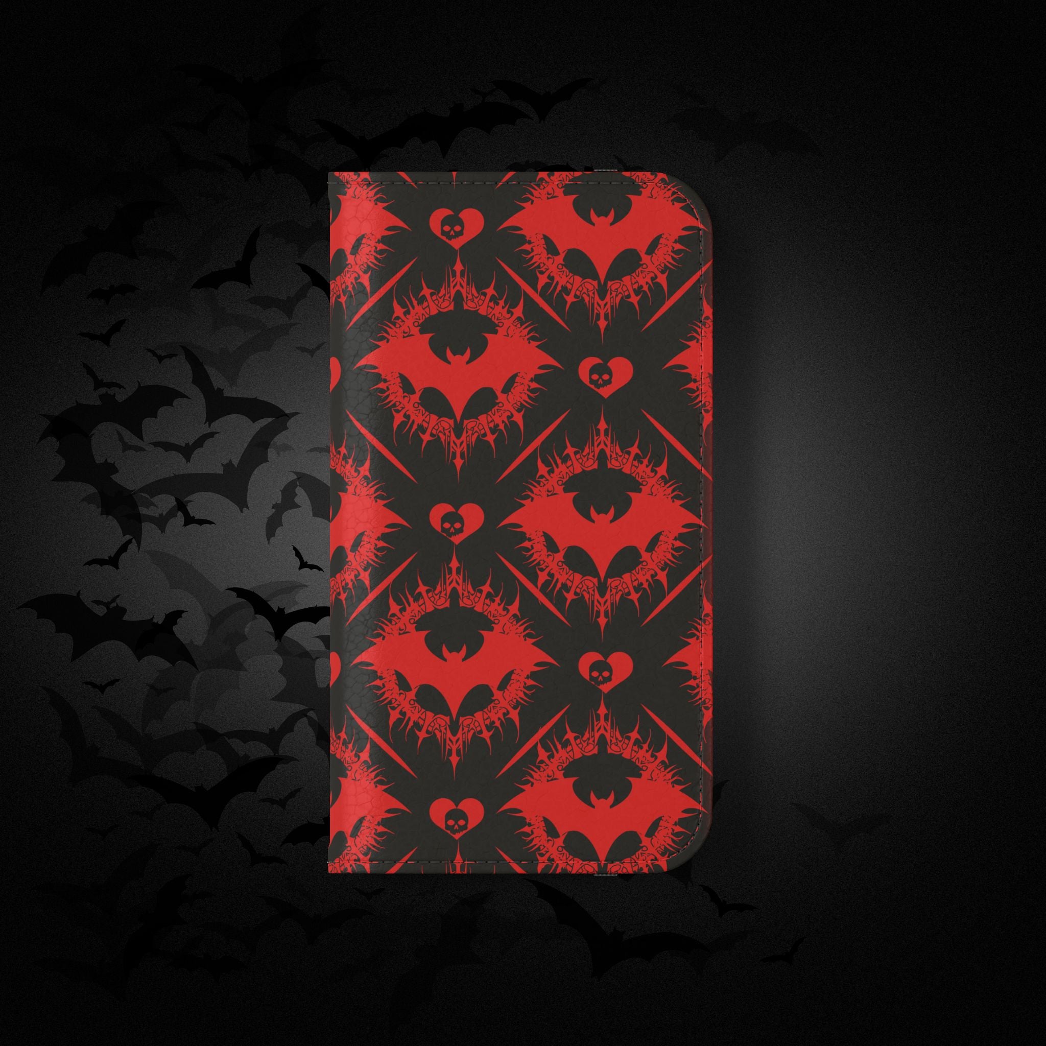 Gothic Bat Wallet Flip Case - Elegant Goth Phone Wallet - Bat Pattern Flip Case - Gothic Phone Case - Stylish Wallet Phone Case