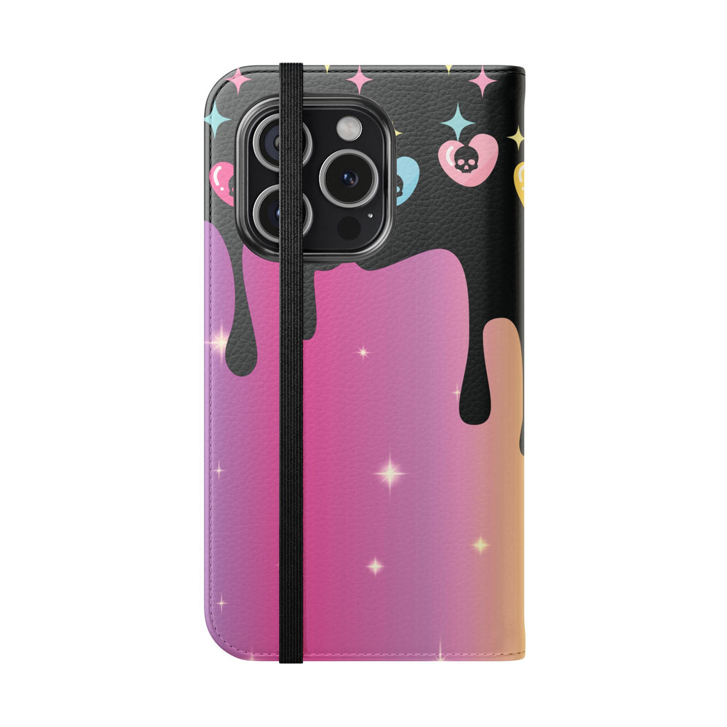 Pastel Goth Drippy Rainbow Skulls Flip Wallet Phone Case - Wallet Case for Samsung and iPhone - Gothic Style Wallet Phone Cases