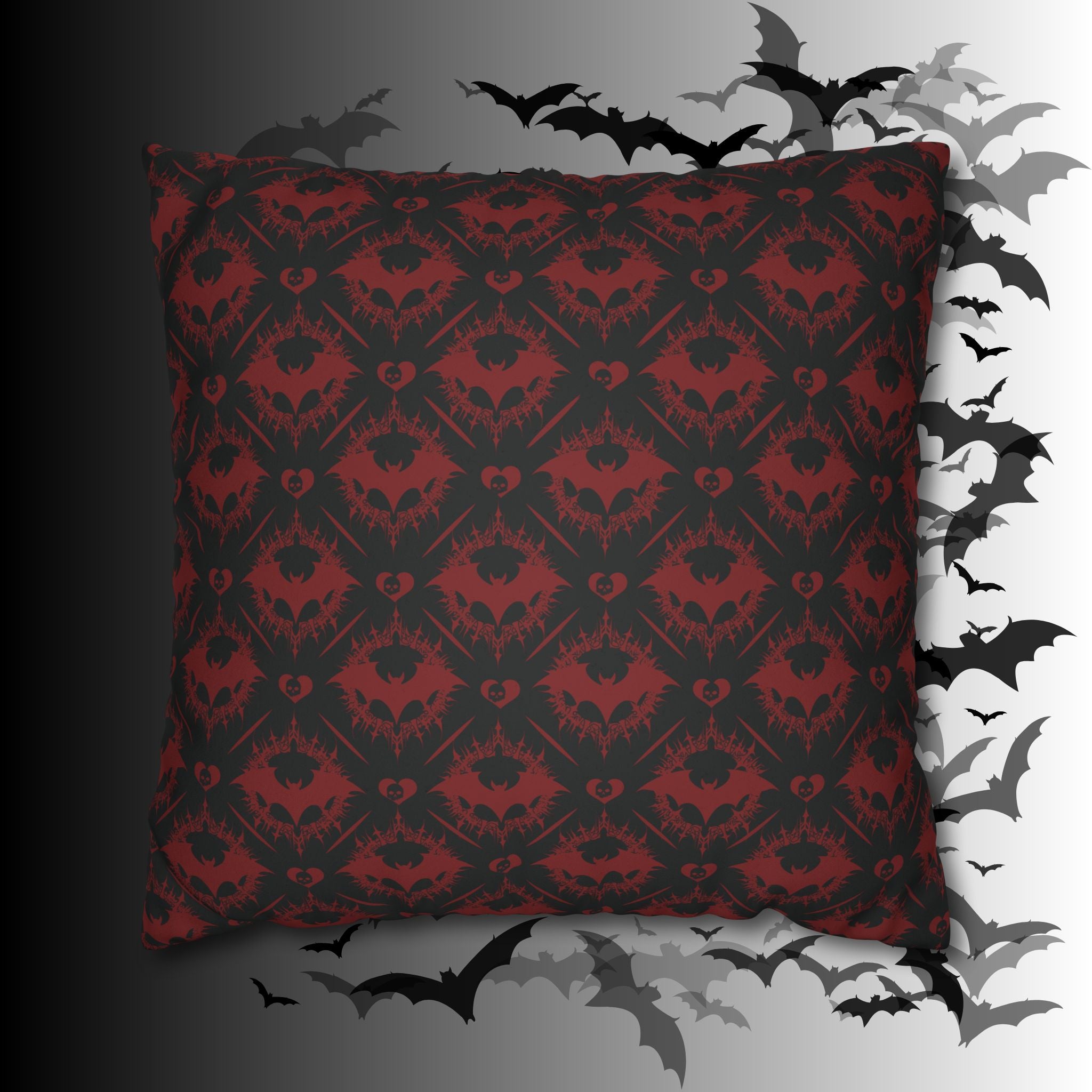 Gothic Bat Diamond Pattern Throw Pillow — Midnight Black Dark Home Decor