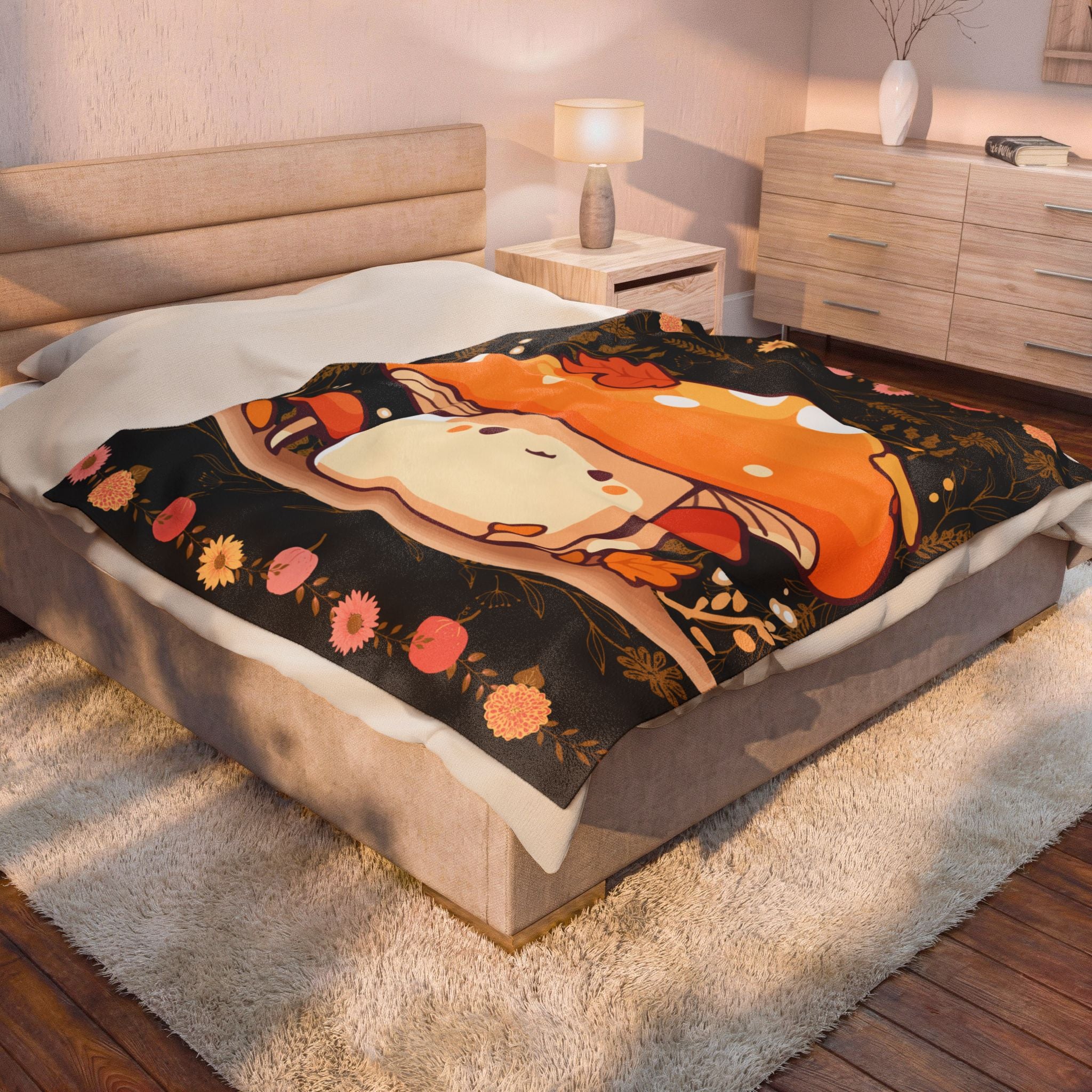 Dark Cottagecore Kawaii Mushroom Throw Blanket — Cozy Autumn Home Decor