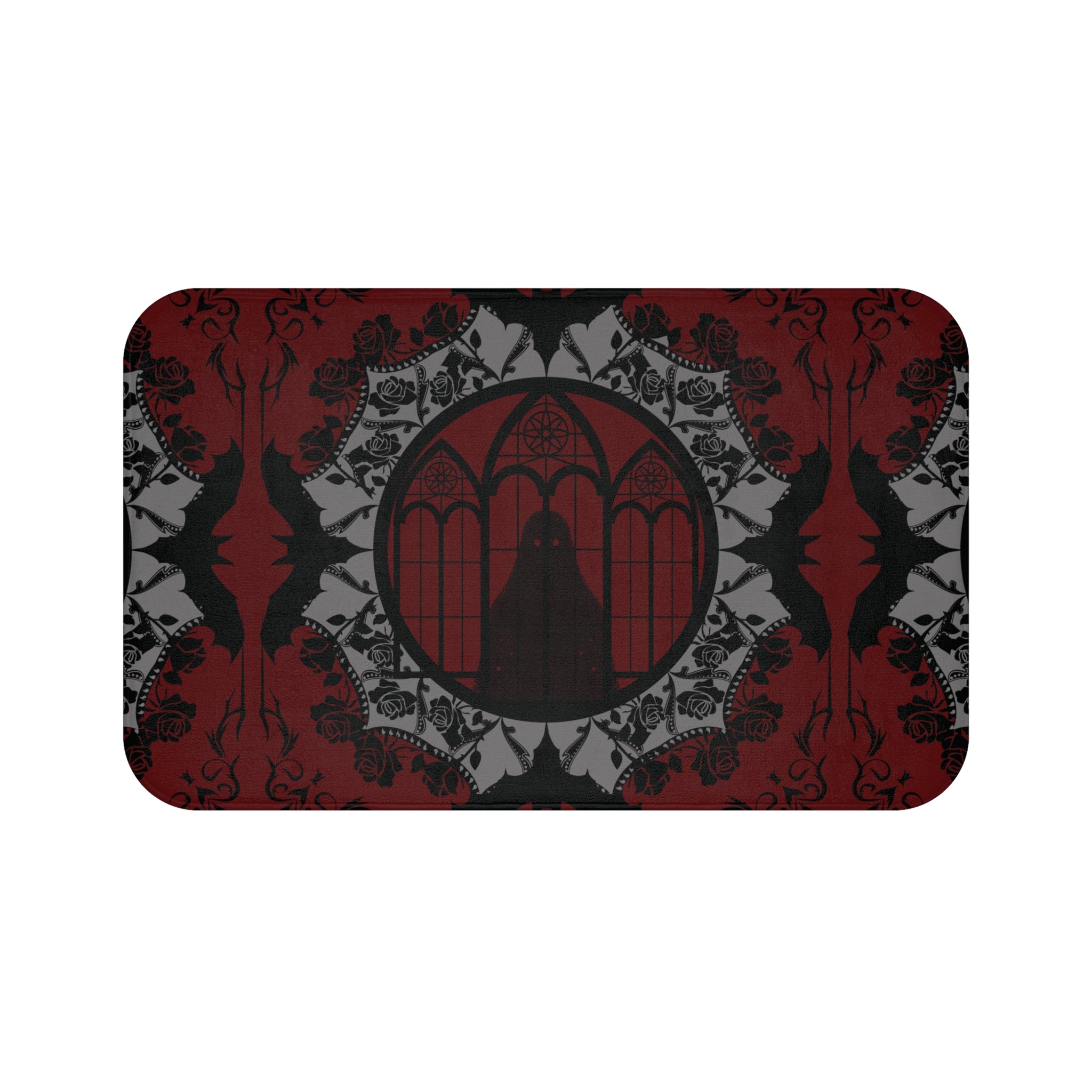 Gothic Cathedral Bats Bath Mat — Elegant Crimson Bathroom Decor