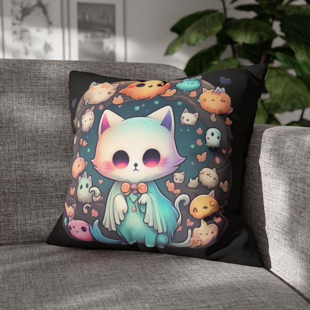 Creepy Cute Kawaii Ghost Cat Throw Pillow — Pastel Goth Dark Home Decor