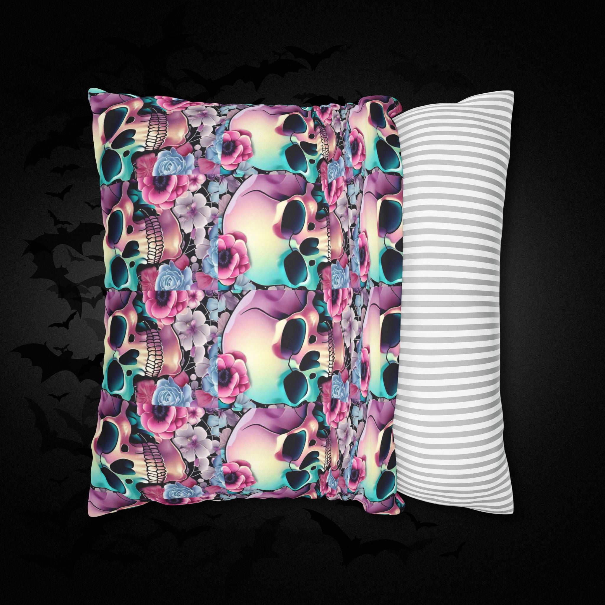 Pastel Goth Floral Skull Throw Pillow — Dark Floral Emo Home Decor