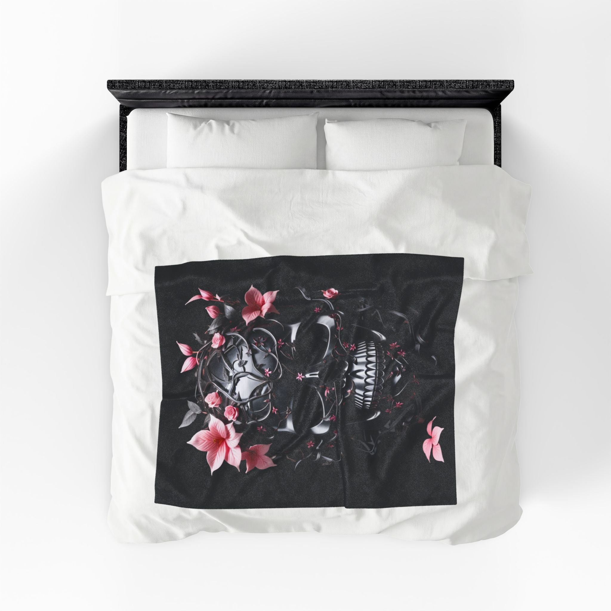 Pastel Goth Black & Pink Botanical Skull Throw Blanket — Dark Floral Home Decor