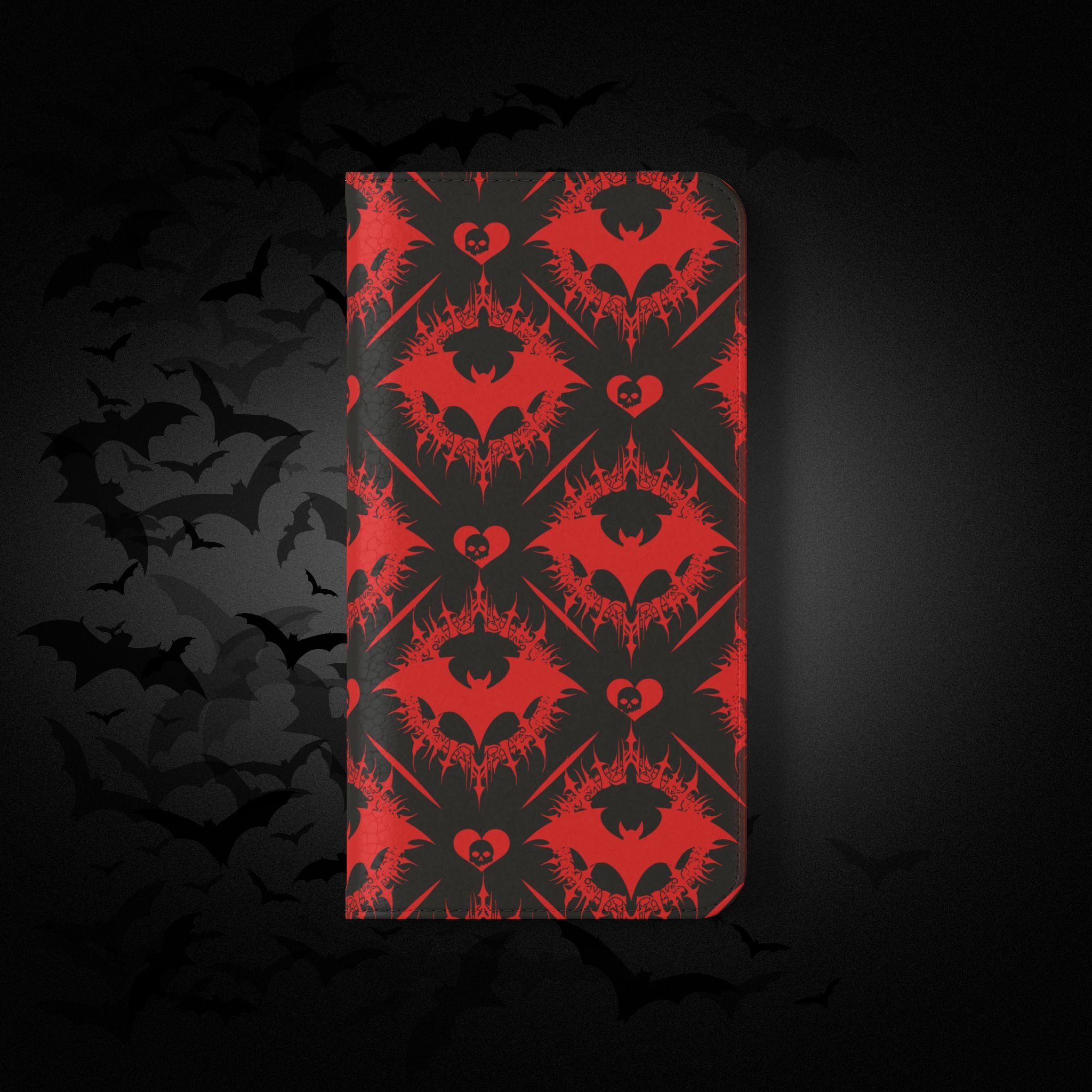 Gothic Bat Wallet Flip Case - Elegant Goth Phone Wallet - Bat Pattern Flip Case - Gothic Phone Case - Stylish Wallet Phone Case