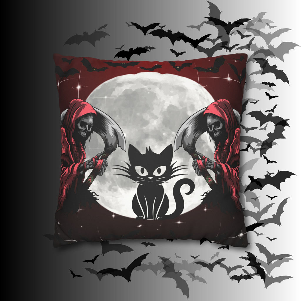 Gothic Black Cat Grim Reaper Throw Pillow — Moonlit Dark Home Decor