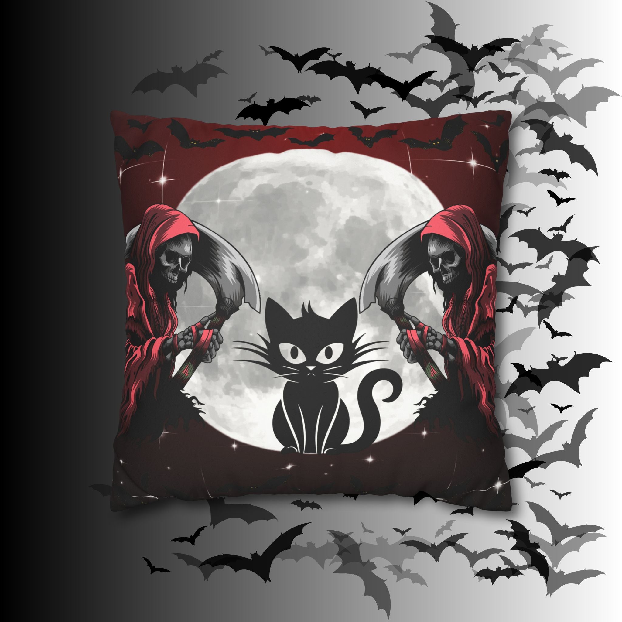 Gothic Black Cat Grim Reaper Throw Pillow — Moonlit Dark Home Decor