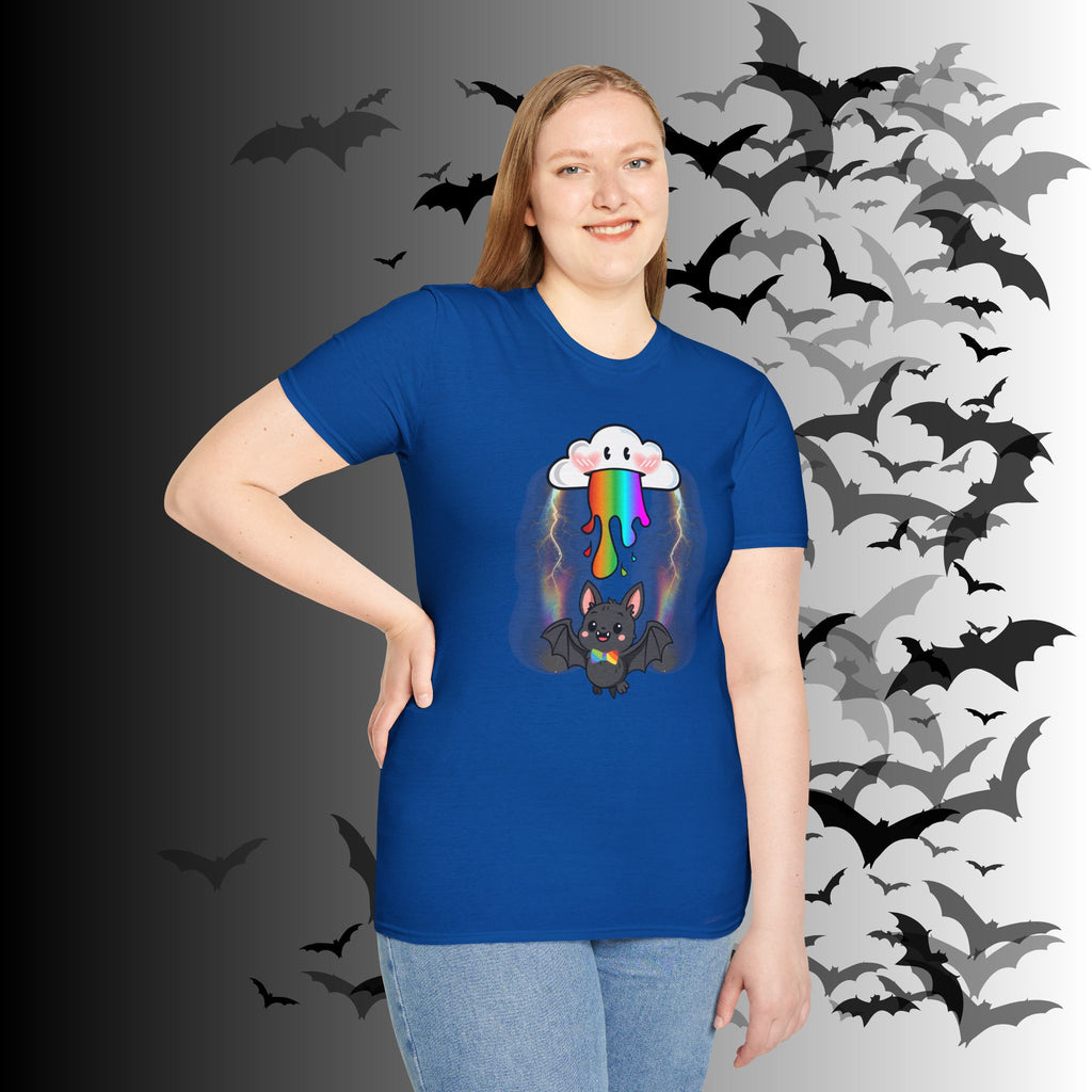 Rainbow Vomit Cloud Bat T-Shirt — Kawaii Goth Pride Unisex Tee