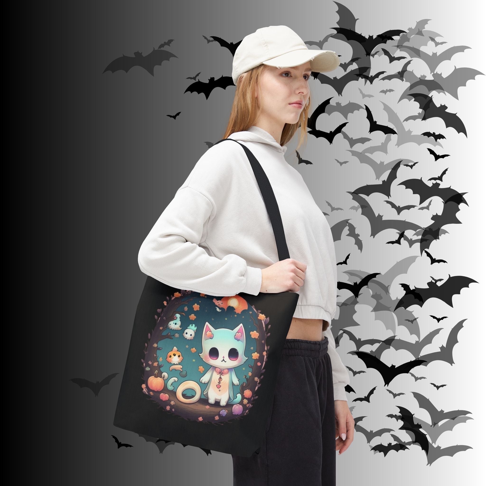 Pastel Goth Kawaii Cat Halloween Tote Bag — Moonlit Forest Scene