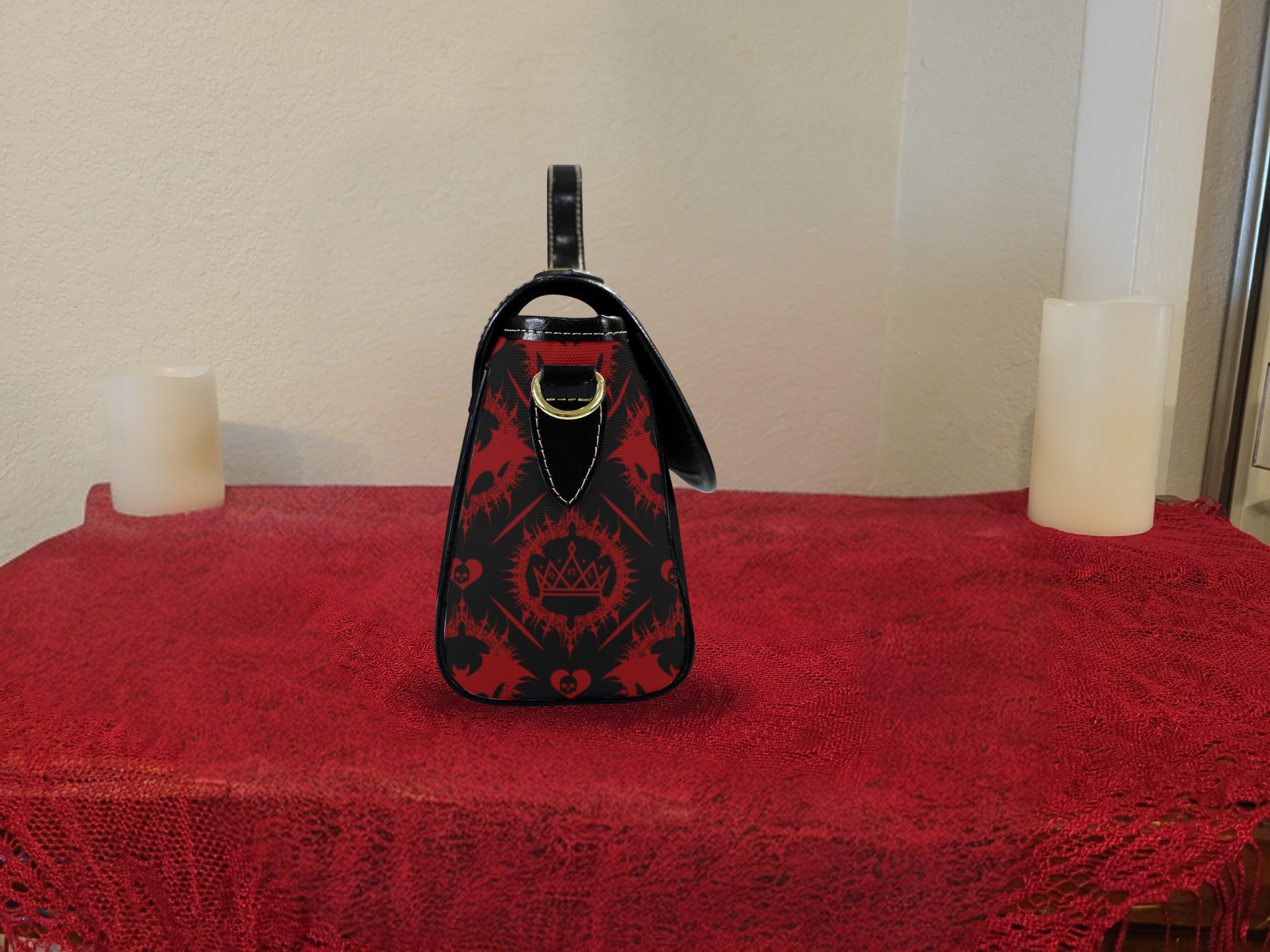 Gothic Bat Pattern Crossbody Bag | Red & Black Damask Waterproof Canvas Satchel Purse