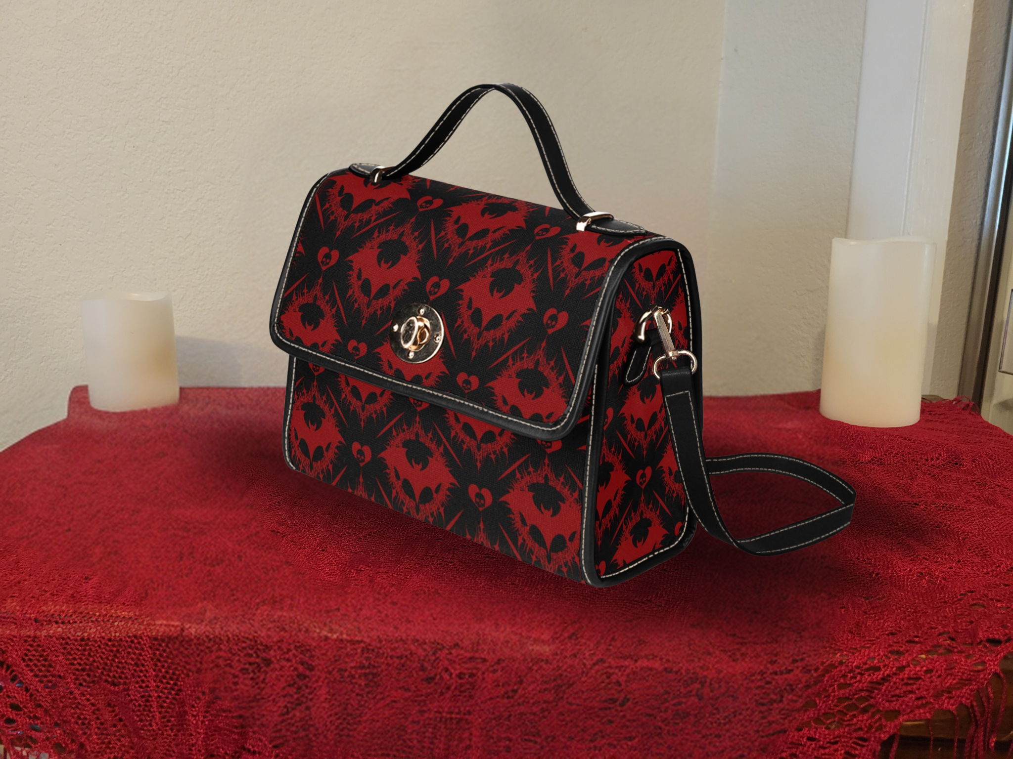 Gothic Bat Pattern Handbag | Red & Black Damask Waterproof Canvas Crossbody Purse