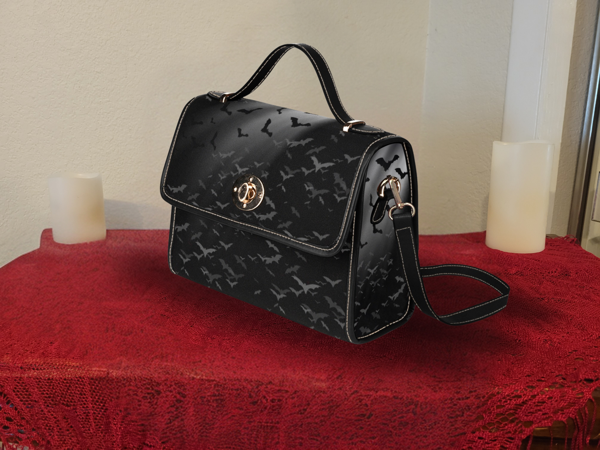 Gothic Bat Print Handbag | Moonlit Bats Waterproof Canvas Crossbody Purse