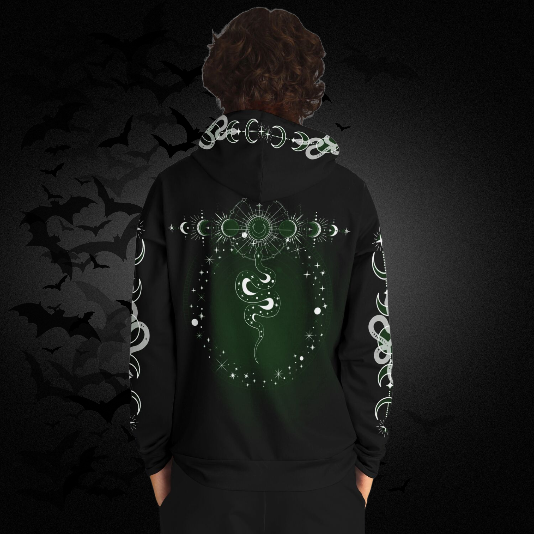 Celestial Serpent All Over Print Hoodie – Forest Green