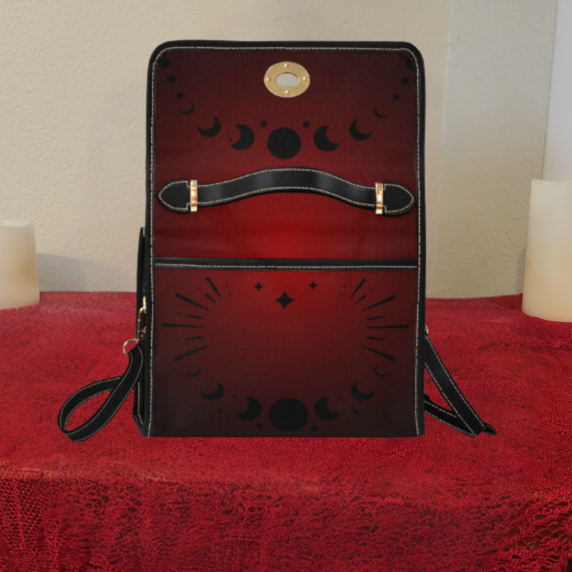 Gothic Moon Phase Handbag | Crimson Dark Academia Waterproof Canvas Crossbody Purse