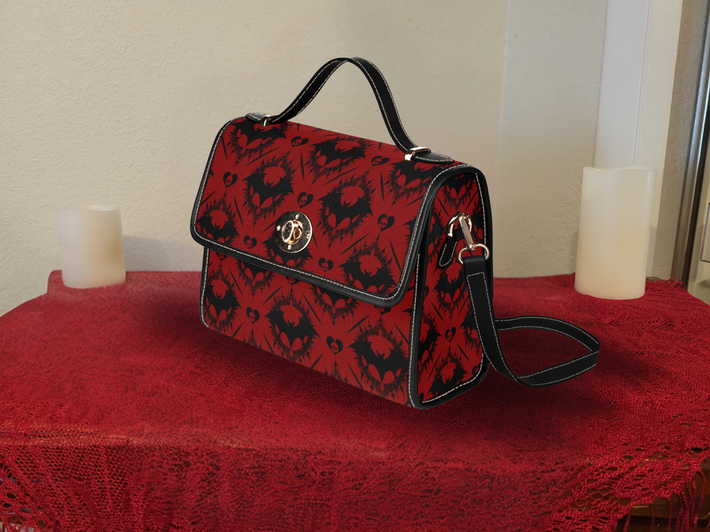Scarlet Gothic Bat Handbag | Red & Black Damask Waterproof Canvas Crossbody Purse