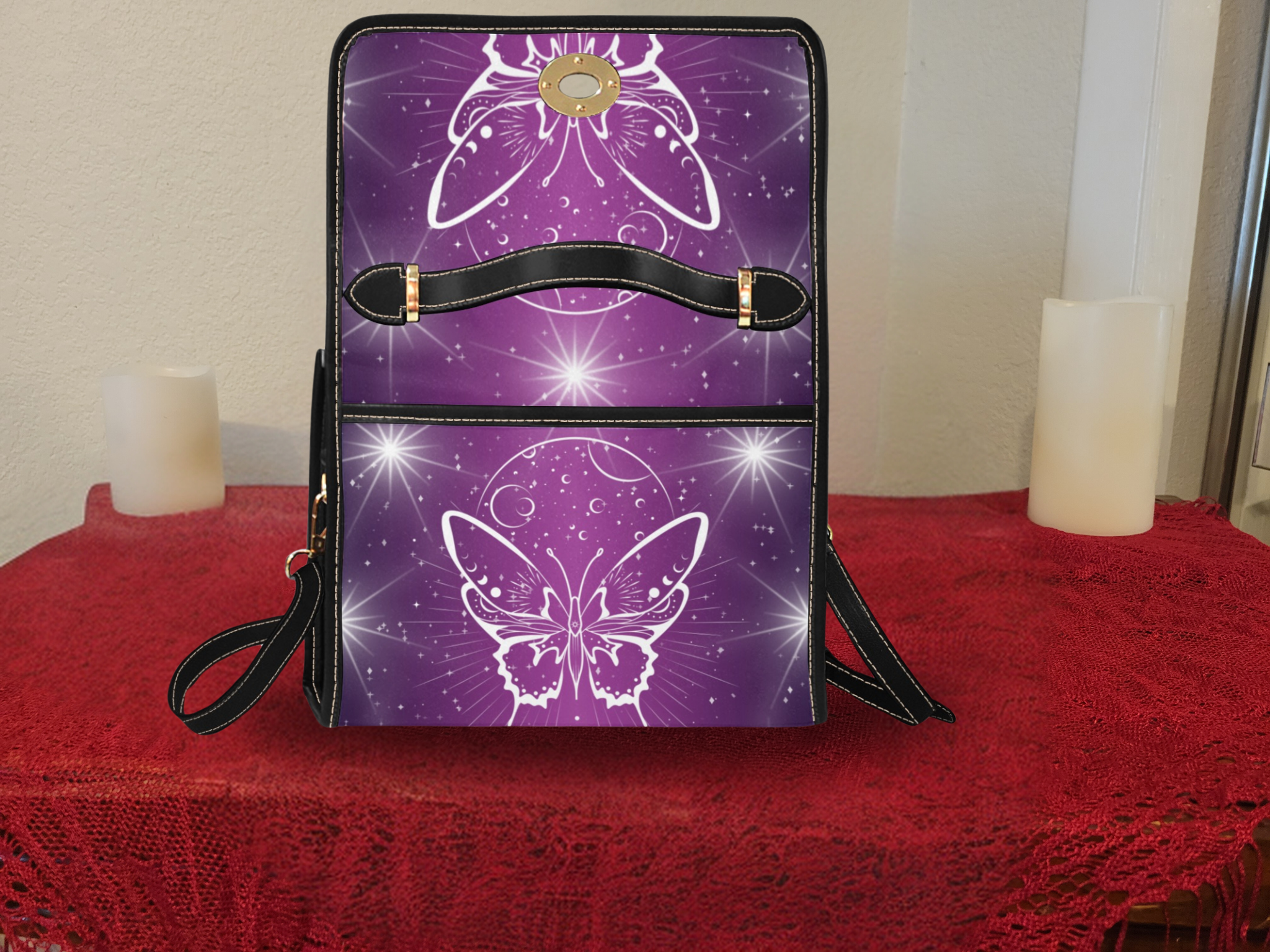 Celestial Luna Moth Handbag | Purple Witchy Waterproof Canvas Crossbody Purse