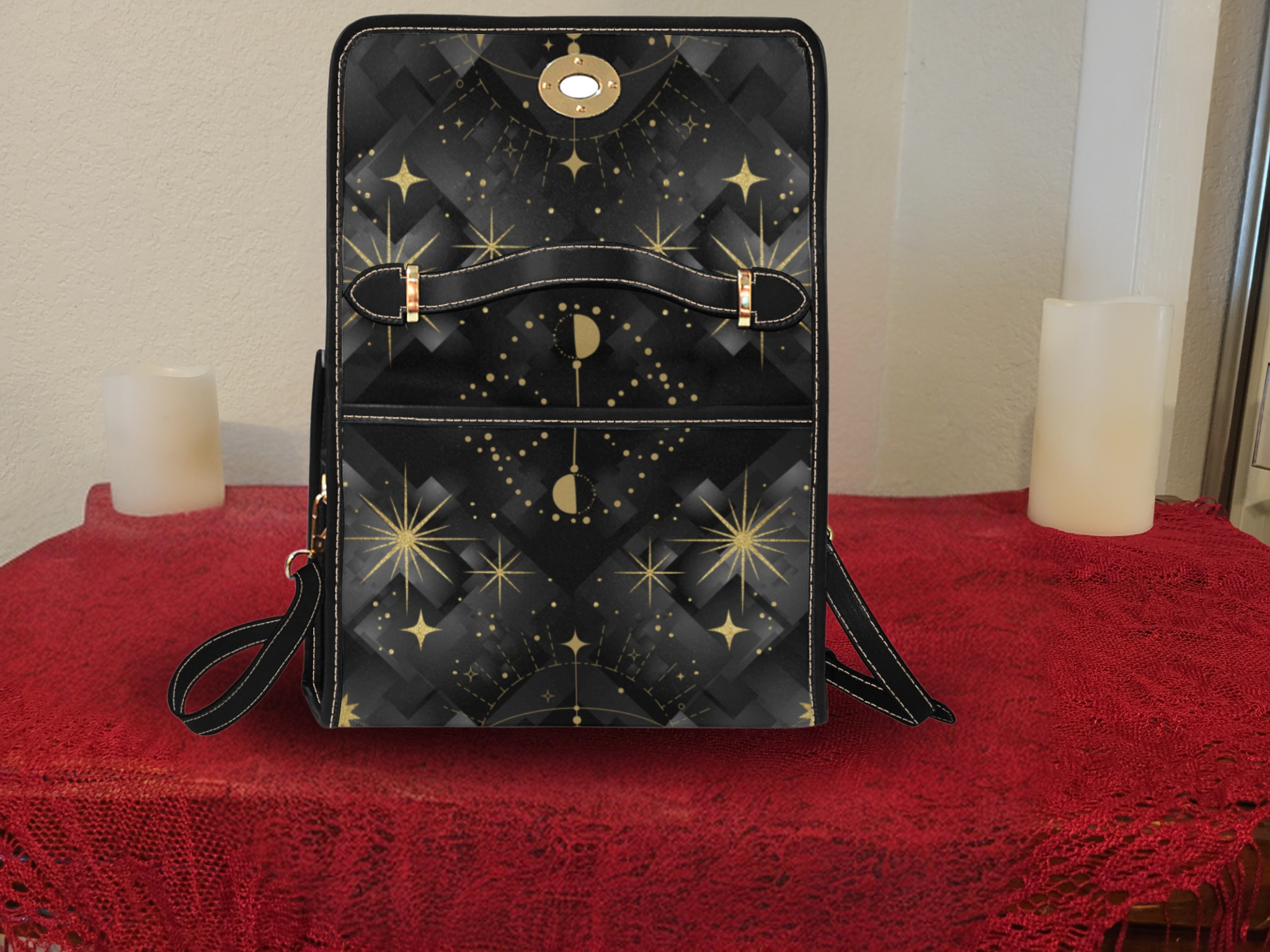 Gold Celestial Moon Handbag | Witchy Constellation Waterproof Canvas Crossbody Purse