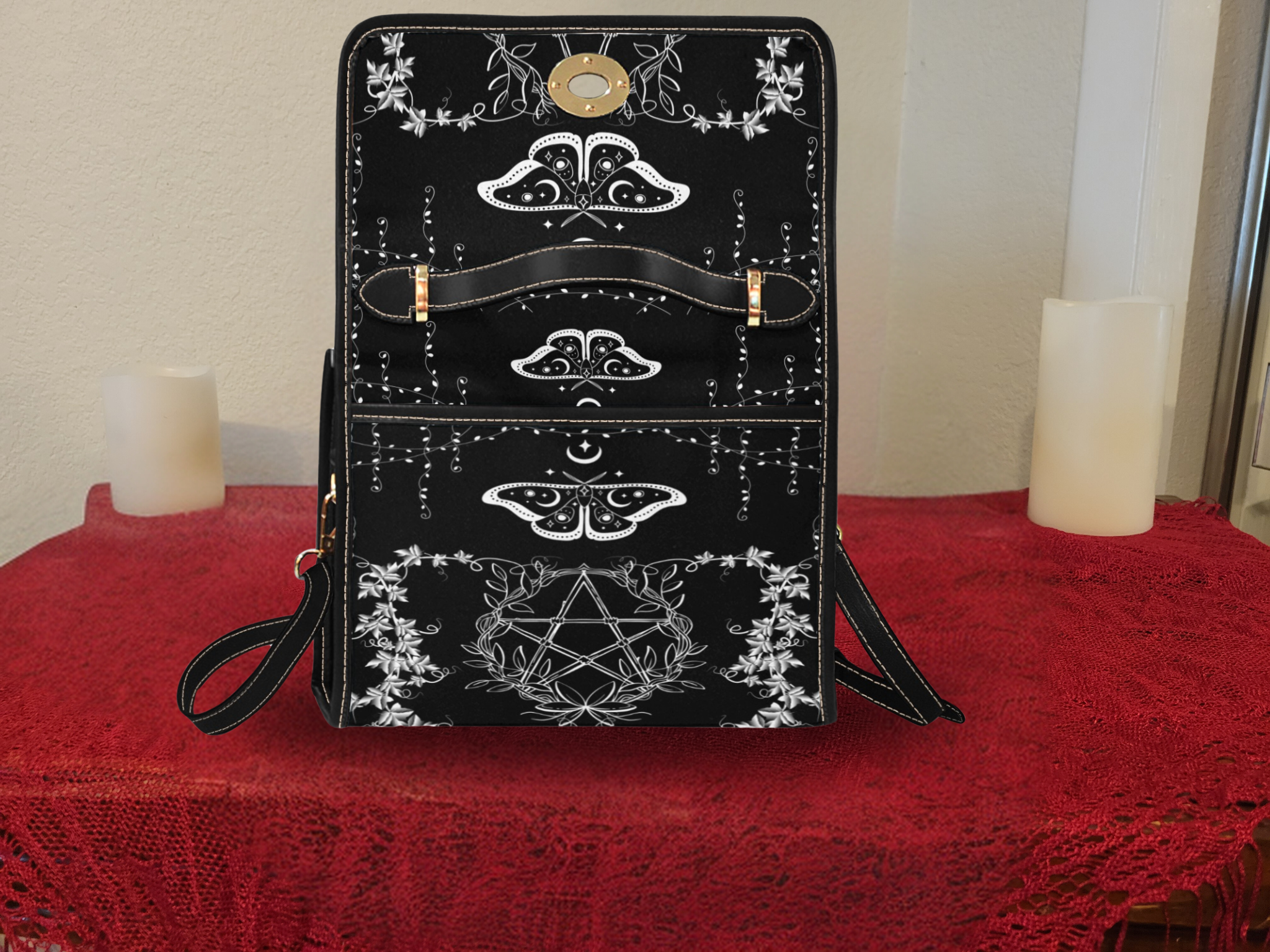Gothic Luna Moth Pentacle Handbag | Wiccan Botanical Waterproof Canvas Crossbody Purse