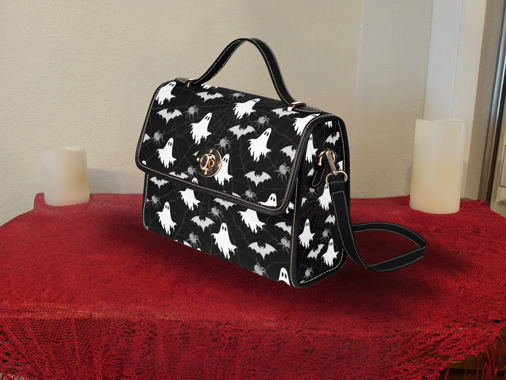Gothic Ghost & Bat Print Handbag | Spooky Spider Web Waterproof Canvas Crossbody Purse