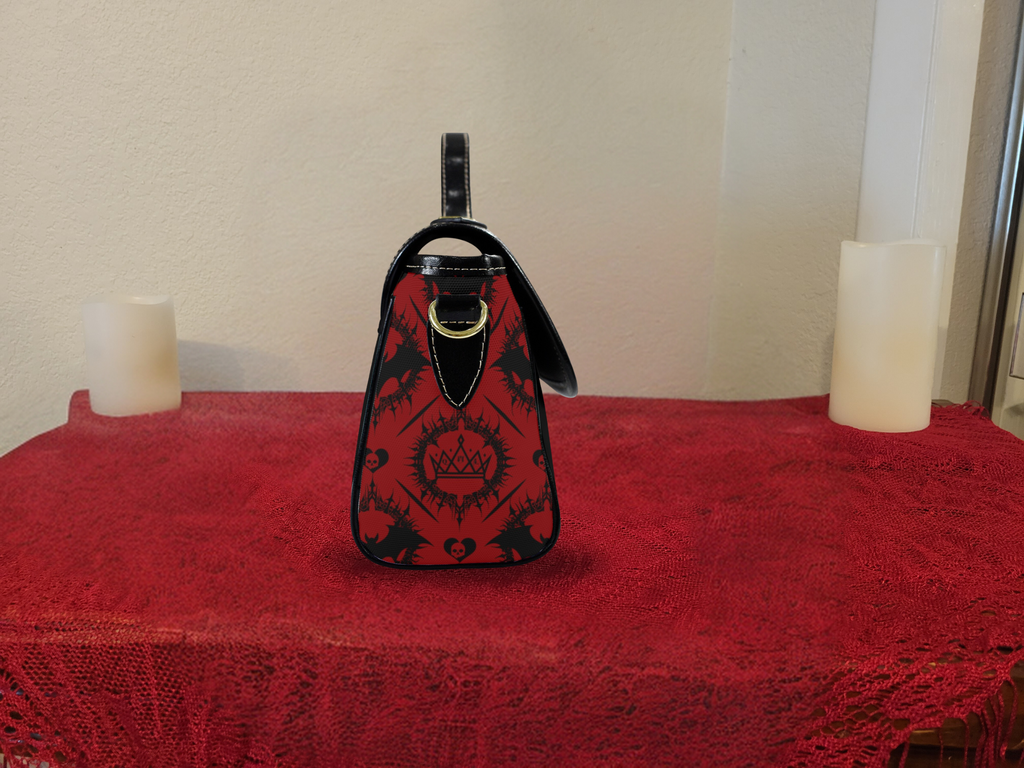 Scarlet Gothic Bat Crossbody Bag | Red & Black Damask Waterproof Canvas Satchel Purse