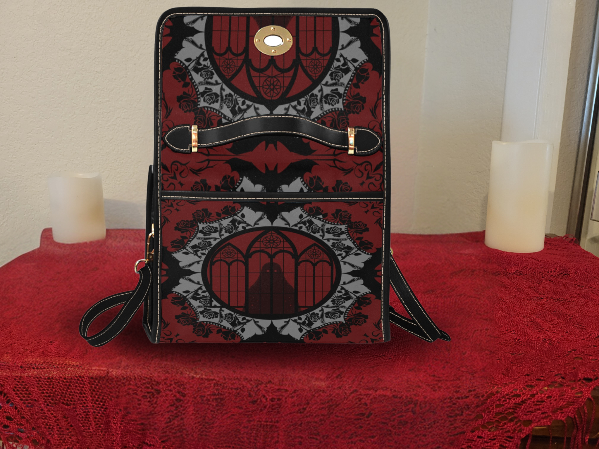 Gothic Cathedral Rose Handbag | Elegant Bat Lace Waterproof Canvas Crossbody Purse