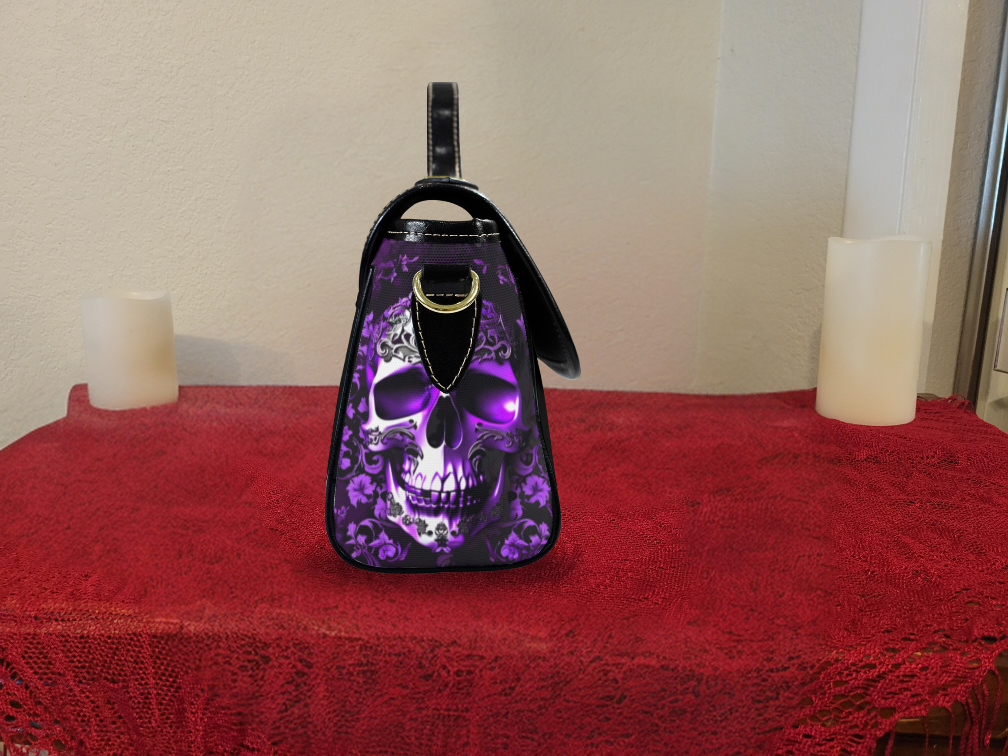 Purple Floral Skull Crossbody Bag | Gothic Glowing Skull Waterproof Canvas Satchel Purse