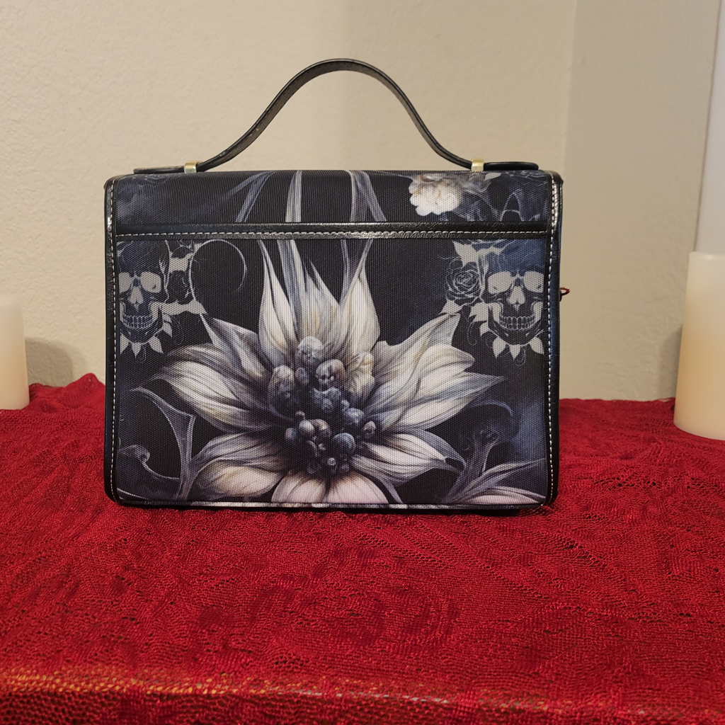 Gothic Botanical Dahlia Handbag | Dark Floral Skull Waterproof Canvas Crossbody Purse