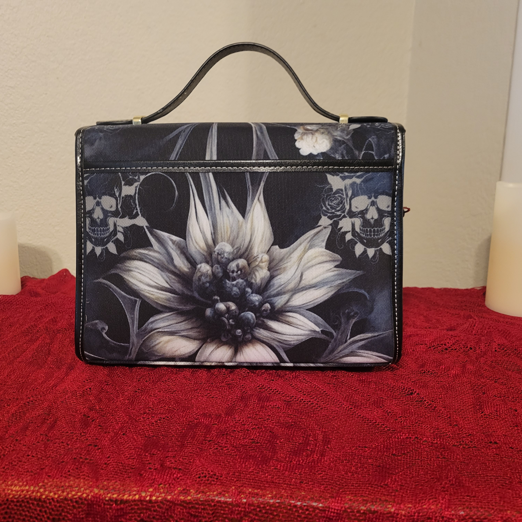 Gothic Botanical Dahlia Handbag | Dark Floral Skull Waterproof Canvas Crossbody Purse