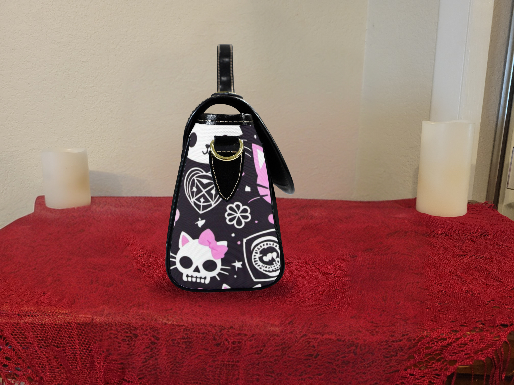 Pastel Goth Kawaii Cat Crossbody Bag | Skull & Stars Waterproof Canvas Satchel Purse
