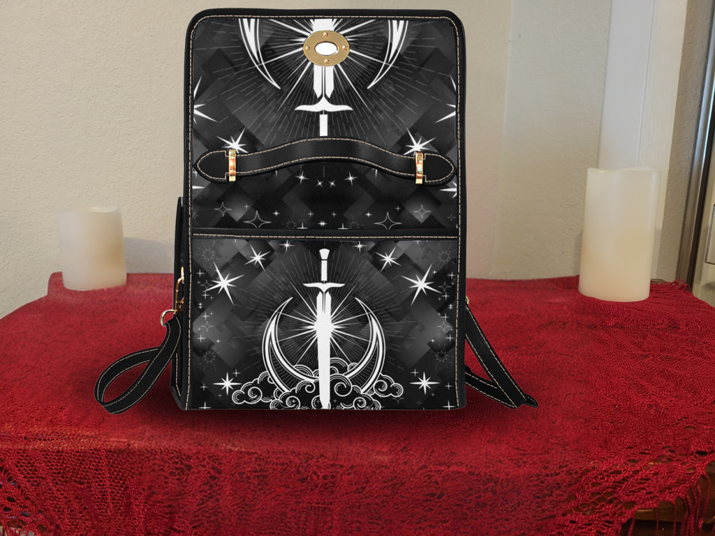Gothic Celestial Sword Moon Handbag | Witchy Waterproof Canvas Crossbody Purse