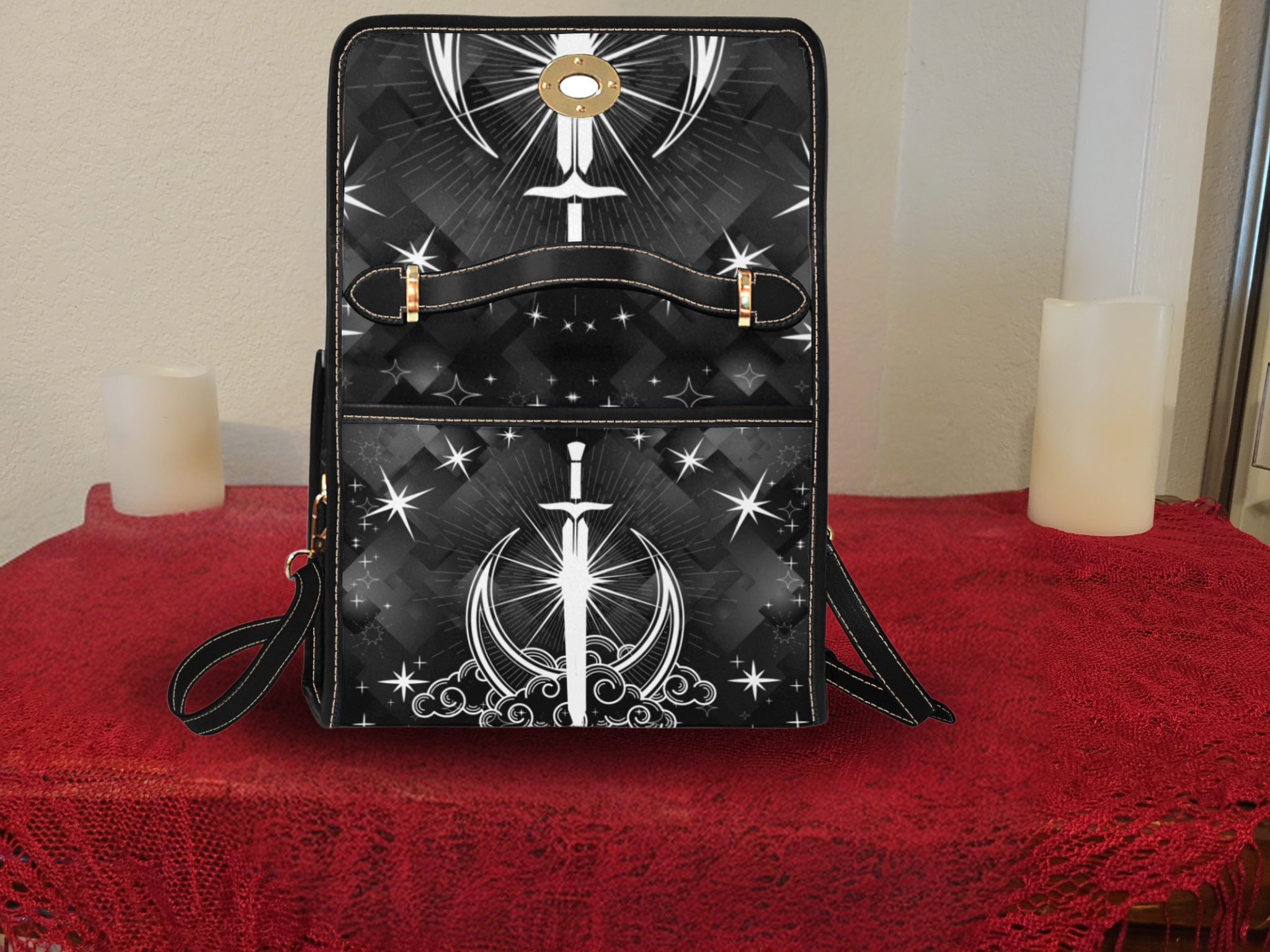 Gothic Celestial Sword Moon Handbag | Witchy Waterproof Canvas Crossbody Purse