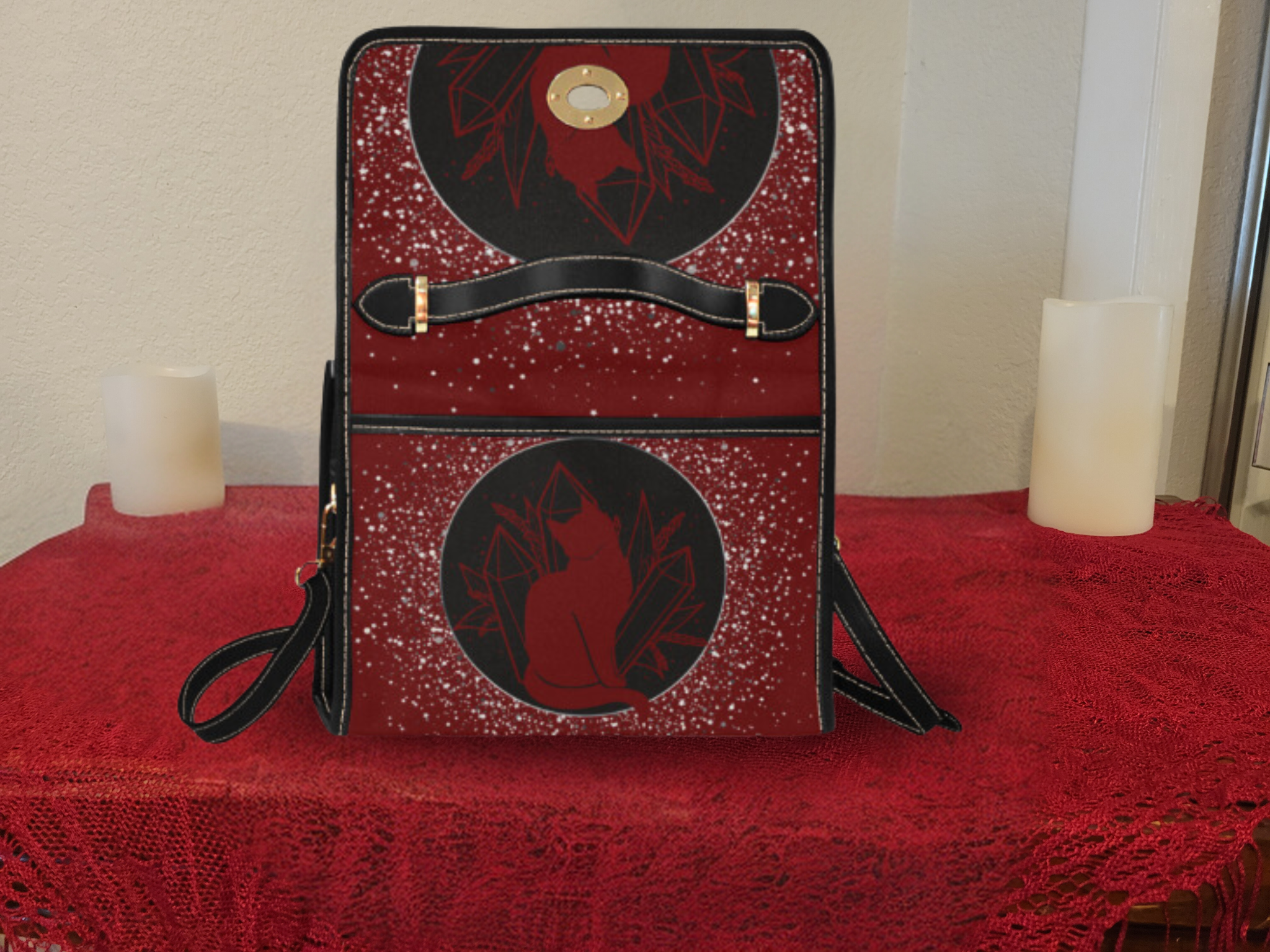 Gothic Witch Cat Pentacle Handbag | Celestial Crystal Waterproof Canvas Crossbody Purse