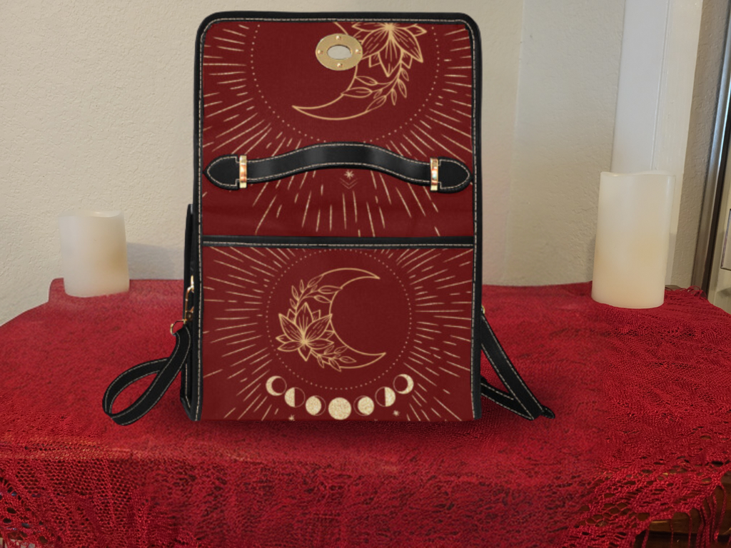 Crimson Moon Phase Lotus Handbag | Witchy Celestial Waterproof Canvas Crossbody Purse