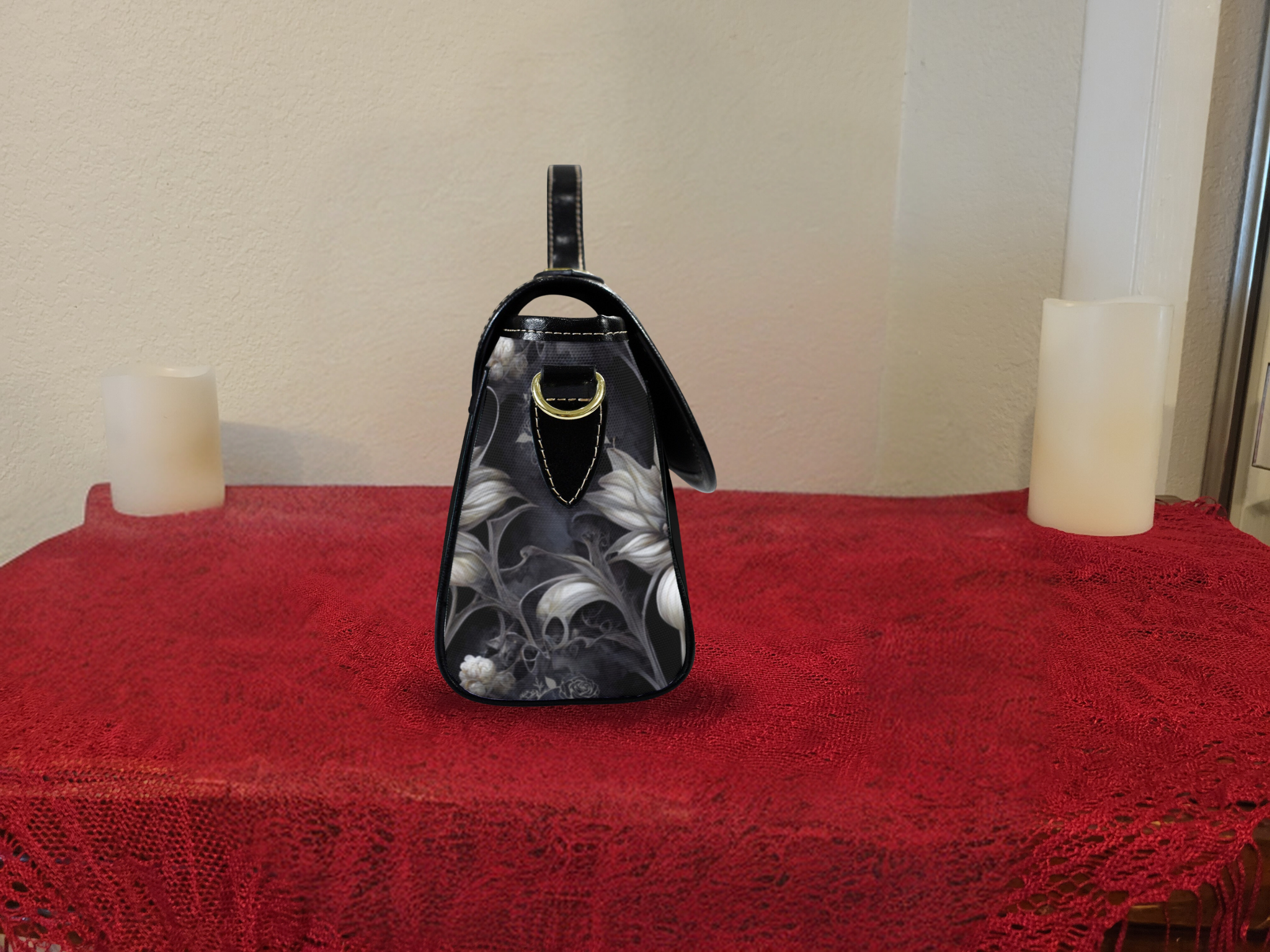 Gothic Botanical Skull Crossbody Bag | Dark Floral Lily Waterproof Canvas Satchel Purse