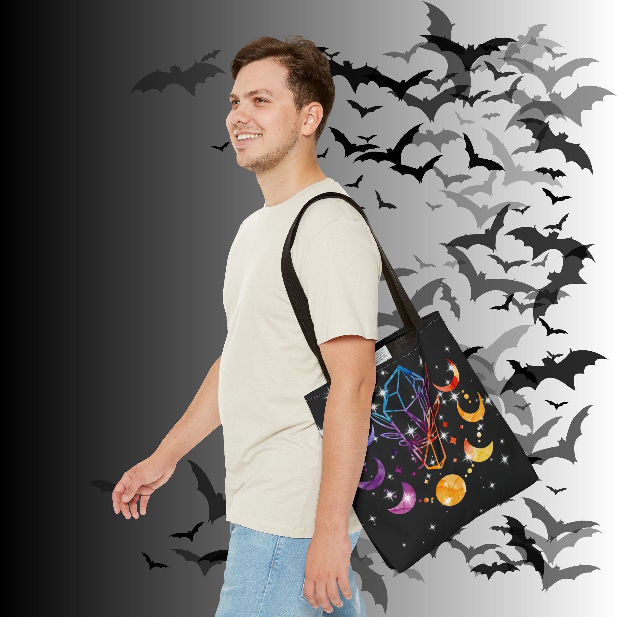 Rainbow Crystal Moon Phase Tote Bag — Celestial Witchy Print