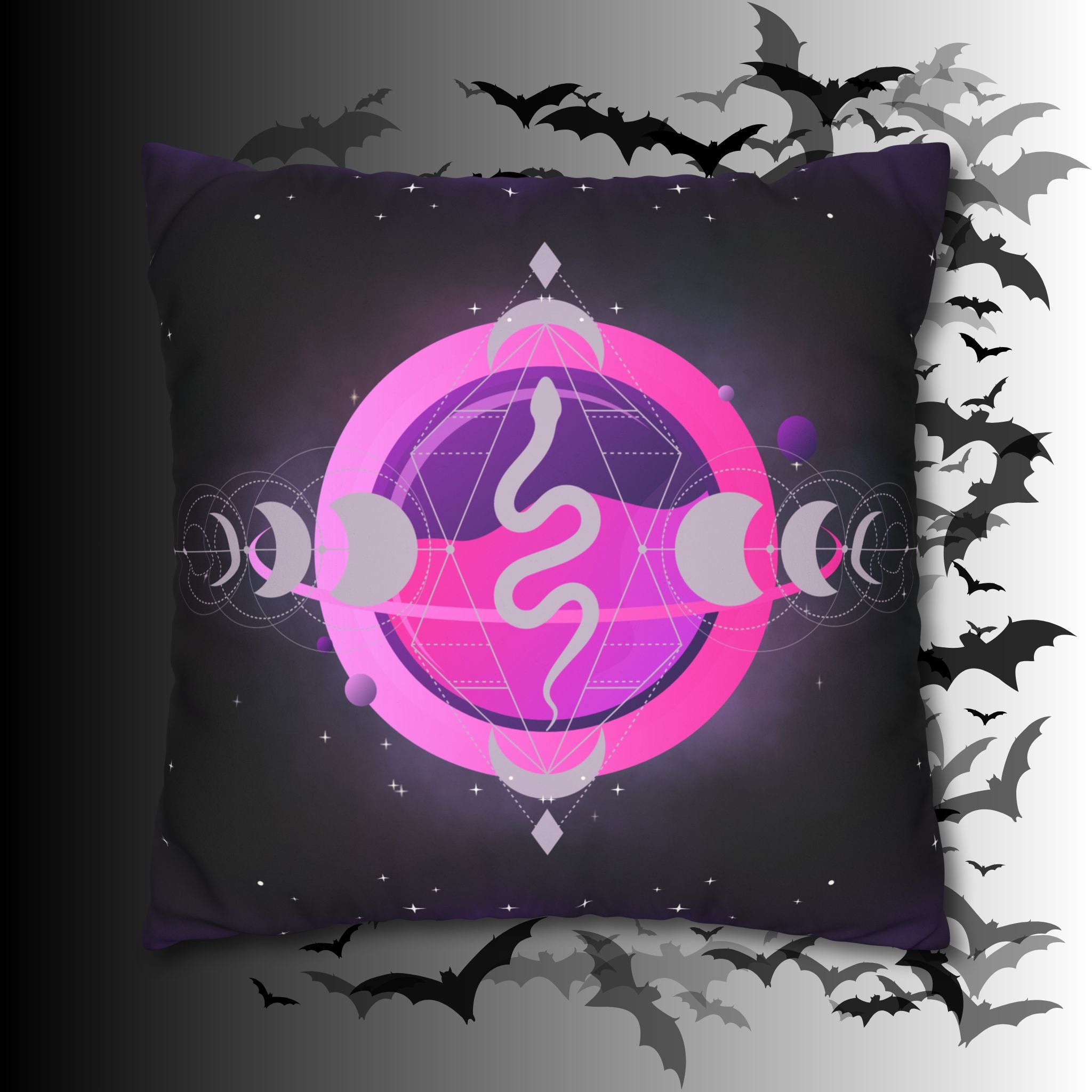 Pastel Goth Celestial Snake Moon Phases Throw Pillow — Witchy Dark Home Decor