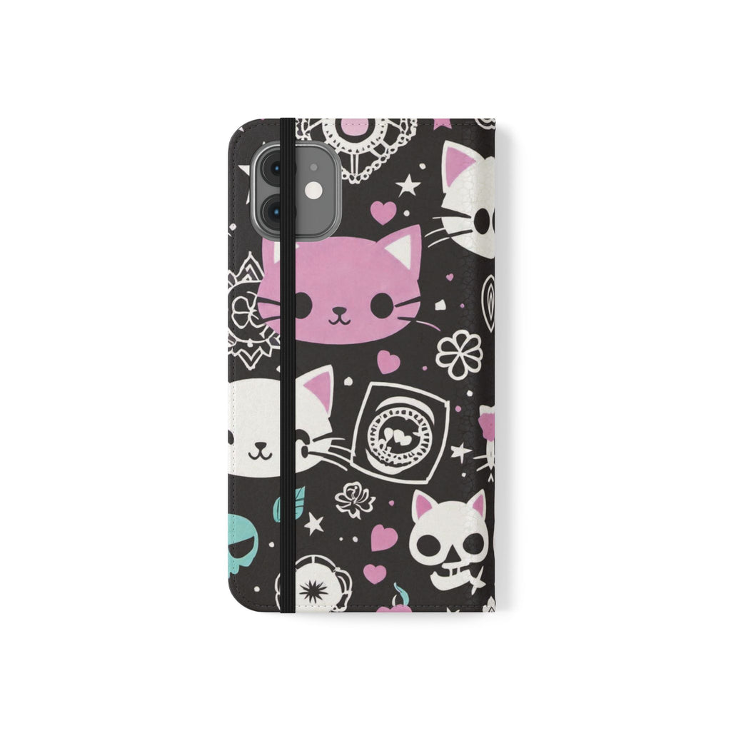 Pastel Goth Cat Flip Wallet Phone Case - Goth Cat Wallet Case for Samsung iPhone - Gothic Style Cats Wallet Phone Cases
