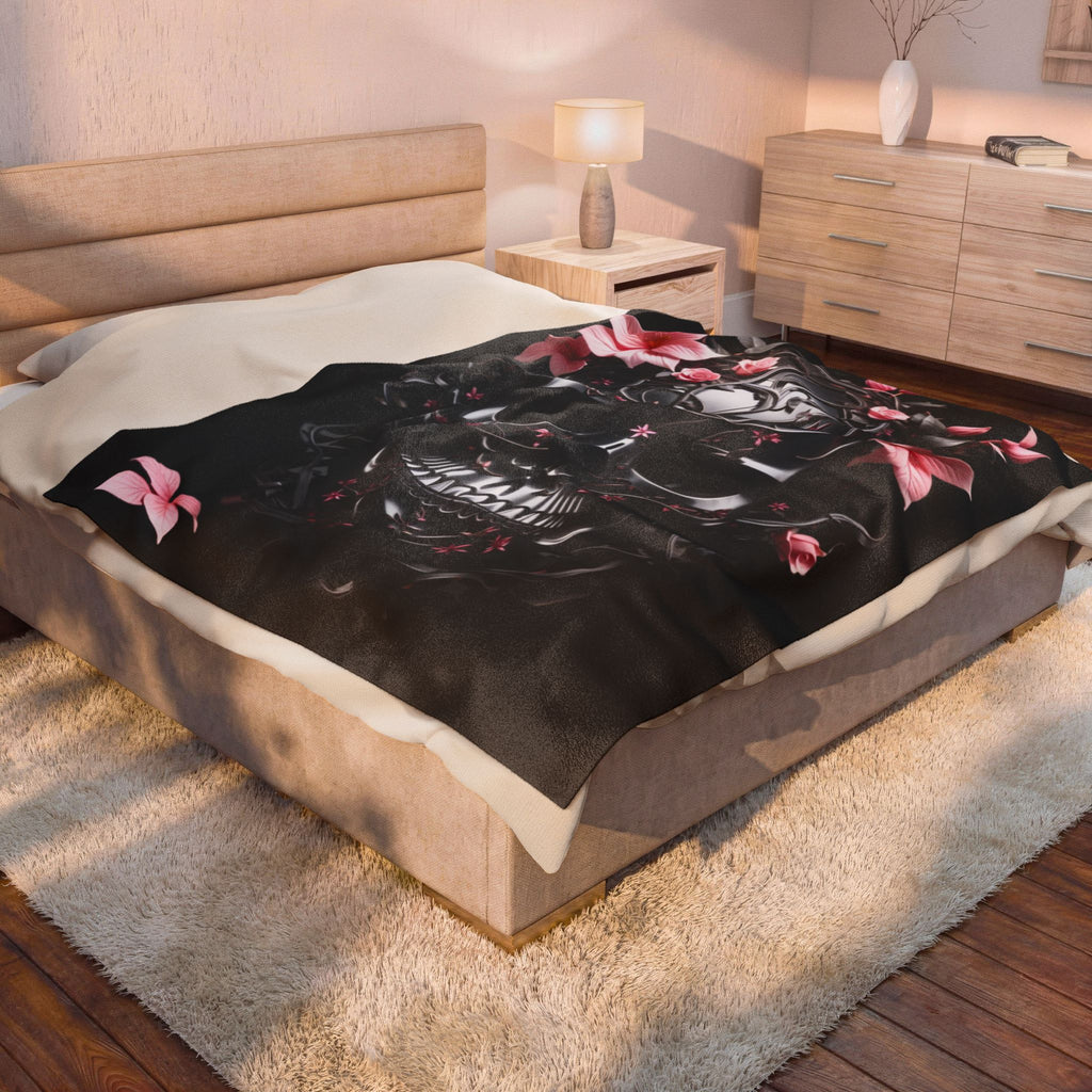 Pastel Goth Black & Pink Botanical Skull Throw Blanket — Dark Floral Home Decor