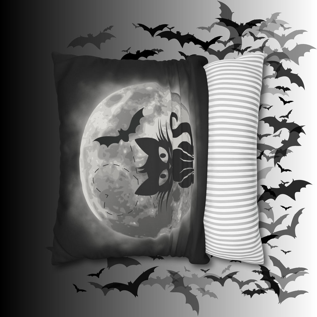 Gothic Black Cat Full Moon Throw Pillow — Bat Dark Home Decor