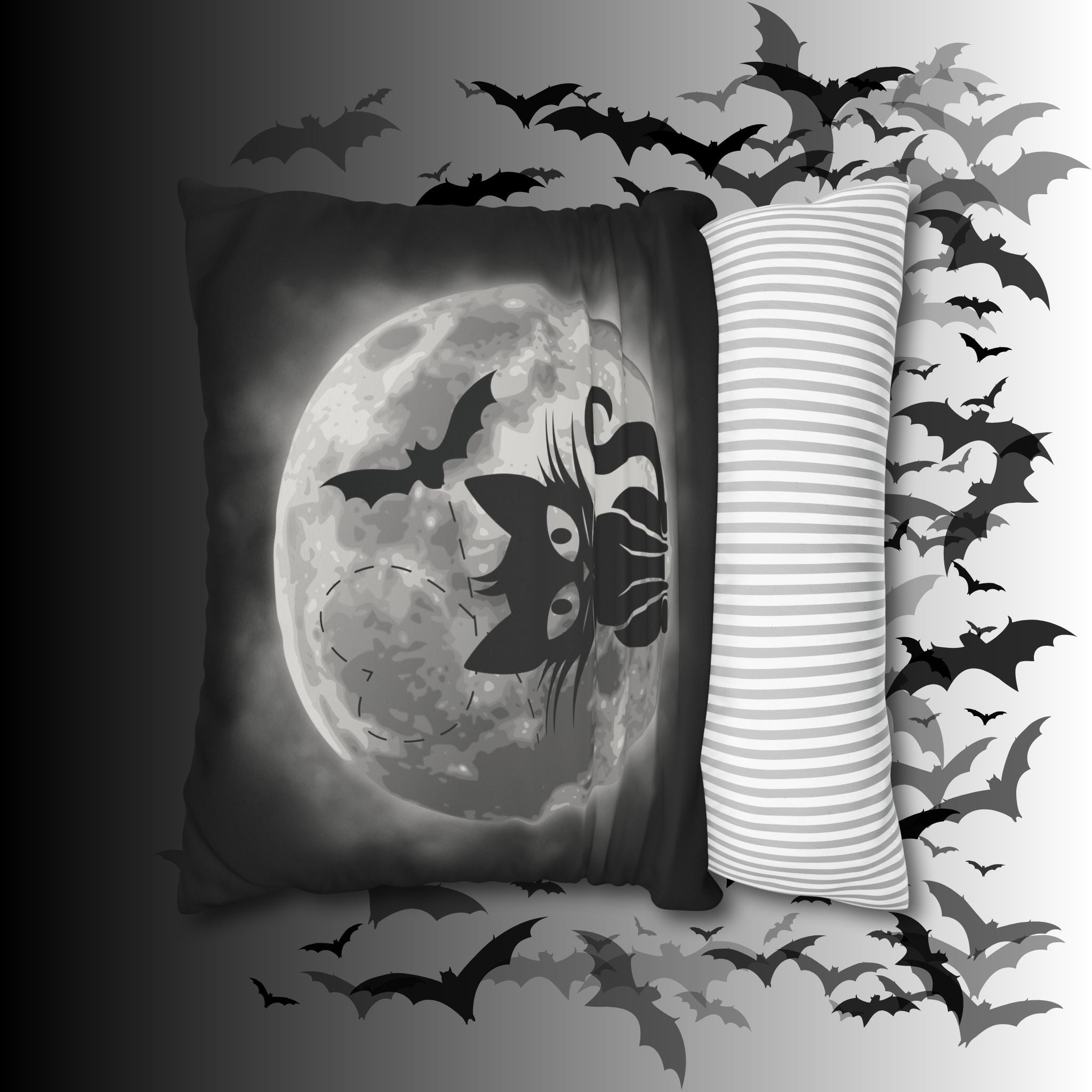 Gothic Black Cat Full Moon Throw Pillow — Bat Dark Home Decor