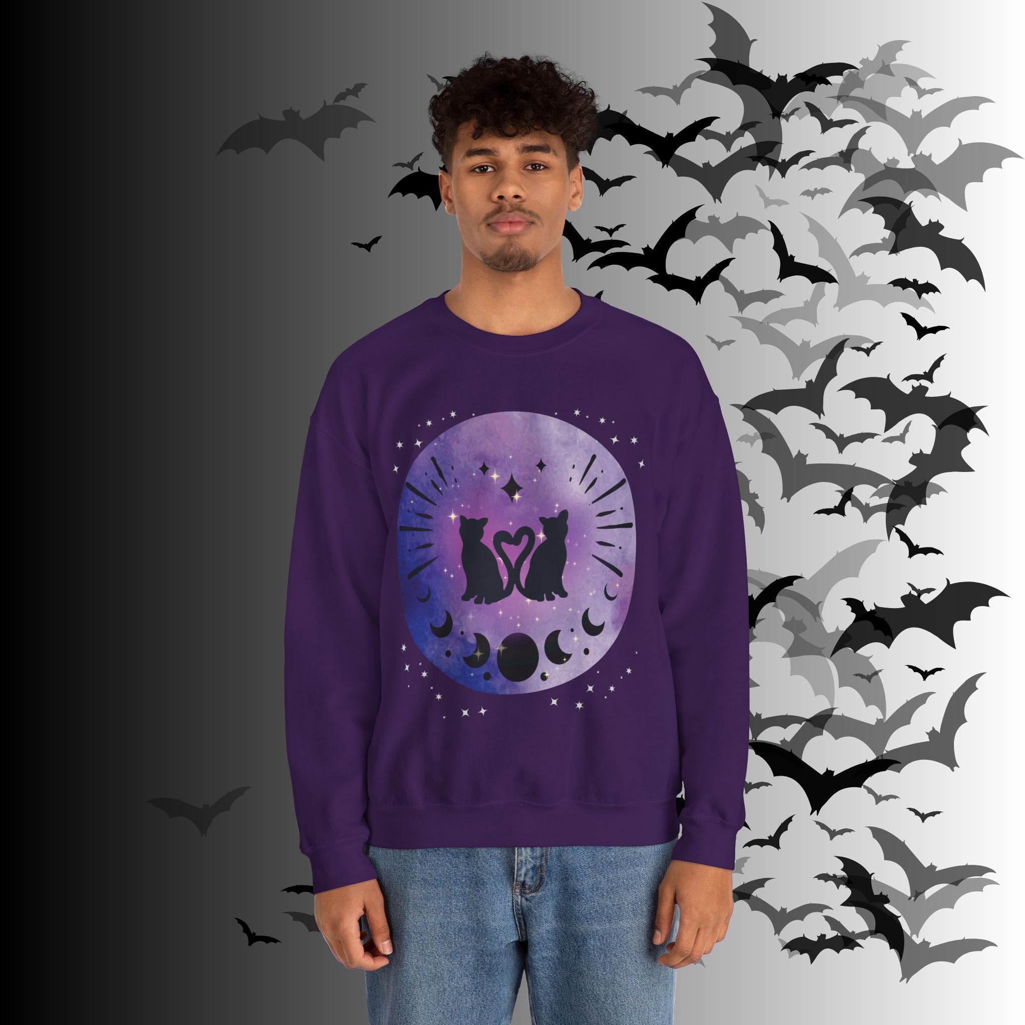Celestial Twin Cats Heart Moon Crewneck Sweatshirt — Witchy Moon Phase